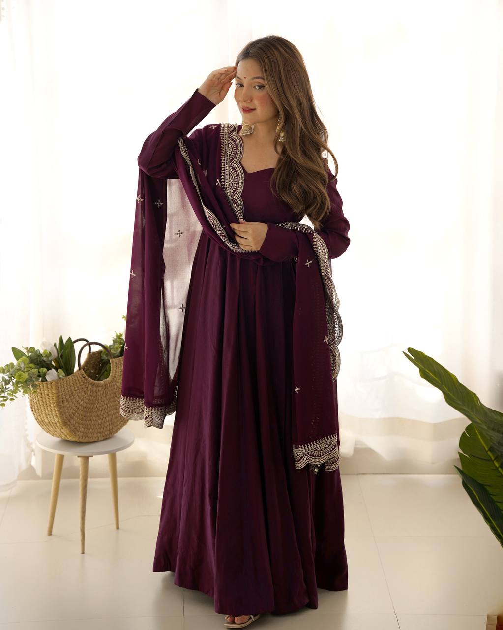 Wine Designer Roman Silk Chanderi Anarkali – 5.5 Mtr Flair with Embroidered Dupatta & Pant