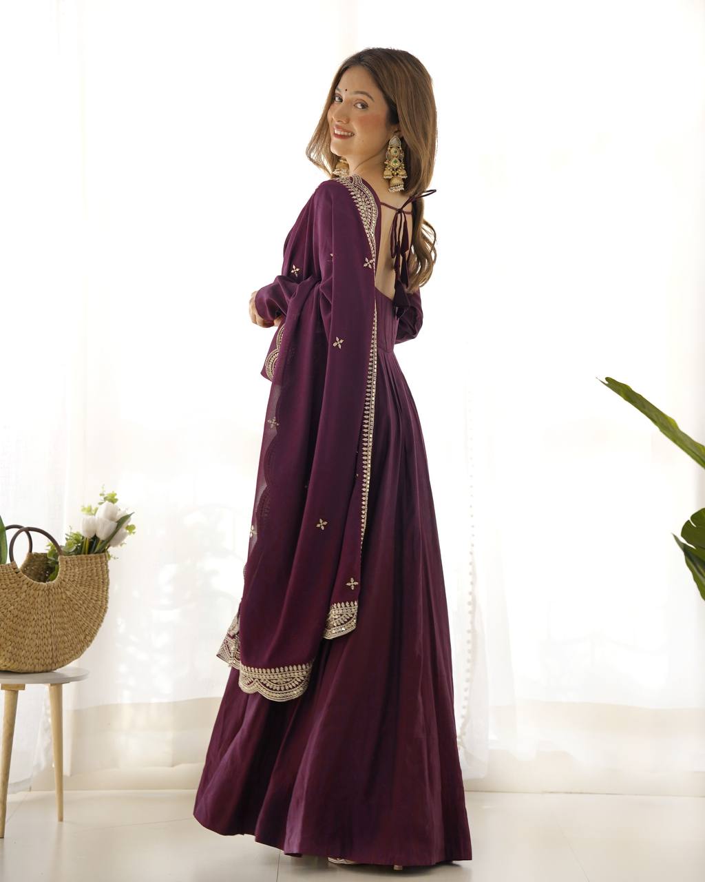 Wine Designer Roman Silk Chanderi Anarkali – 5.5 Mtr Flair with Embroidered Dupatta & Pant