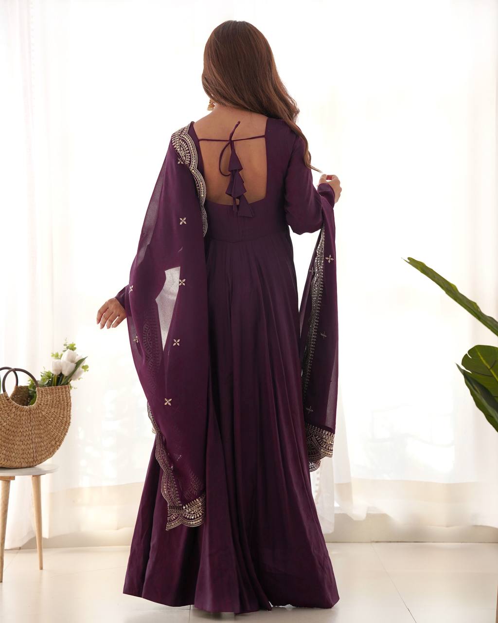 Wine Designer Roman Silk Chanderi Anarkali – 5.5 Mtr Flair with Embroidered Dupatta & Pant