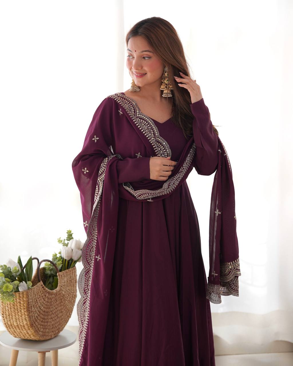Wine Designer Roman Silk Chanderi Anarkali – 5.5 Mtr Flair with Embroidered Dupatta & Pant