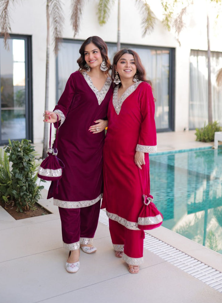 Premium Velvet Zari Mirror Work Top Pant Set with Potli Bag(Batwa)