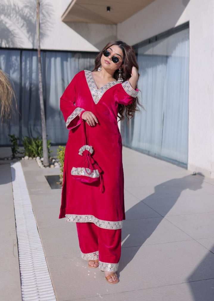 Premium Velvet Zari Mirror Work Top Pant Set with Potli Bag(Batwa)