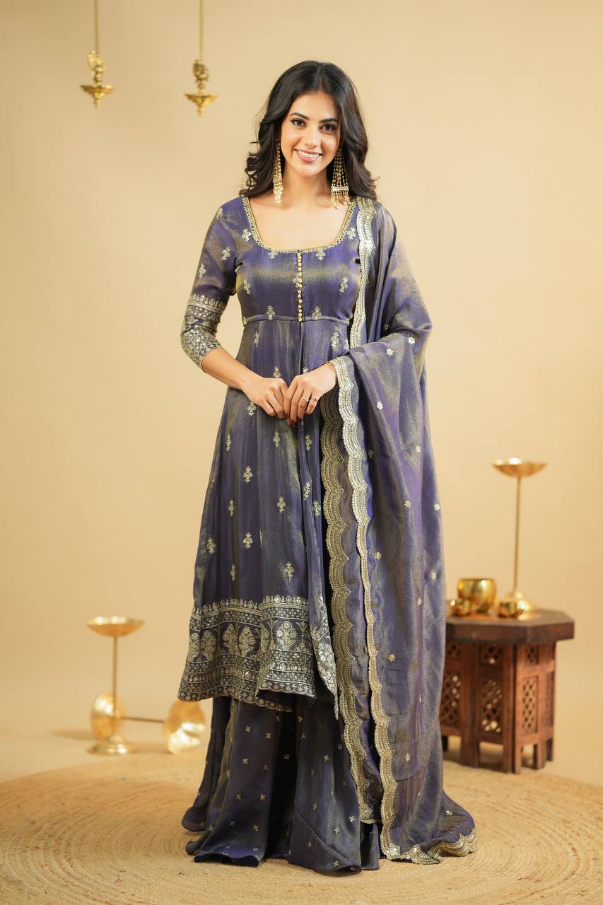 Saakshi`s Grey Cosmo Slik Anarkali Suit With Skirt