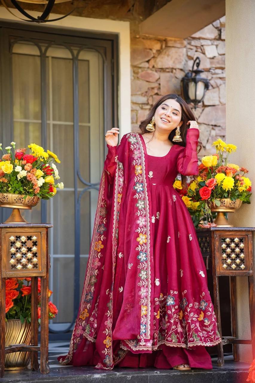 Organza Embroidered Anarkali Set with Plazzo & Dupatta