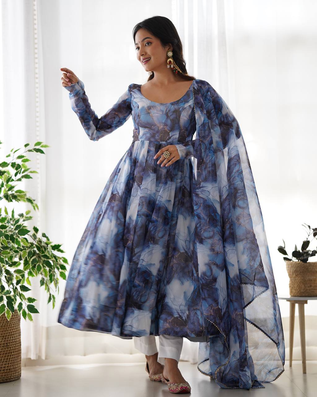 Elegant Pure Organza Silk Marble Print Anarkali Set