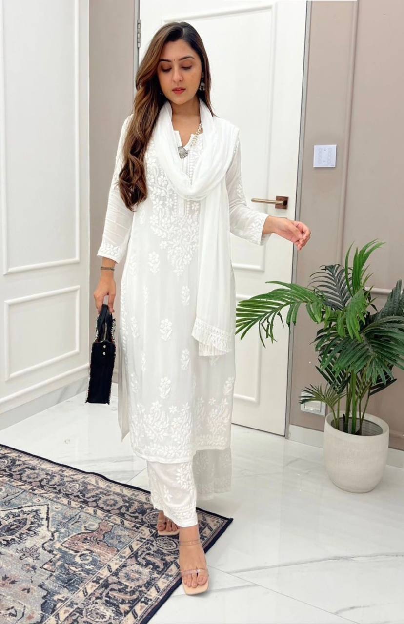 White Designer Chikankari Special Kurta With Pant Set