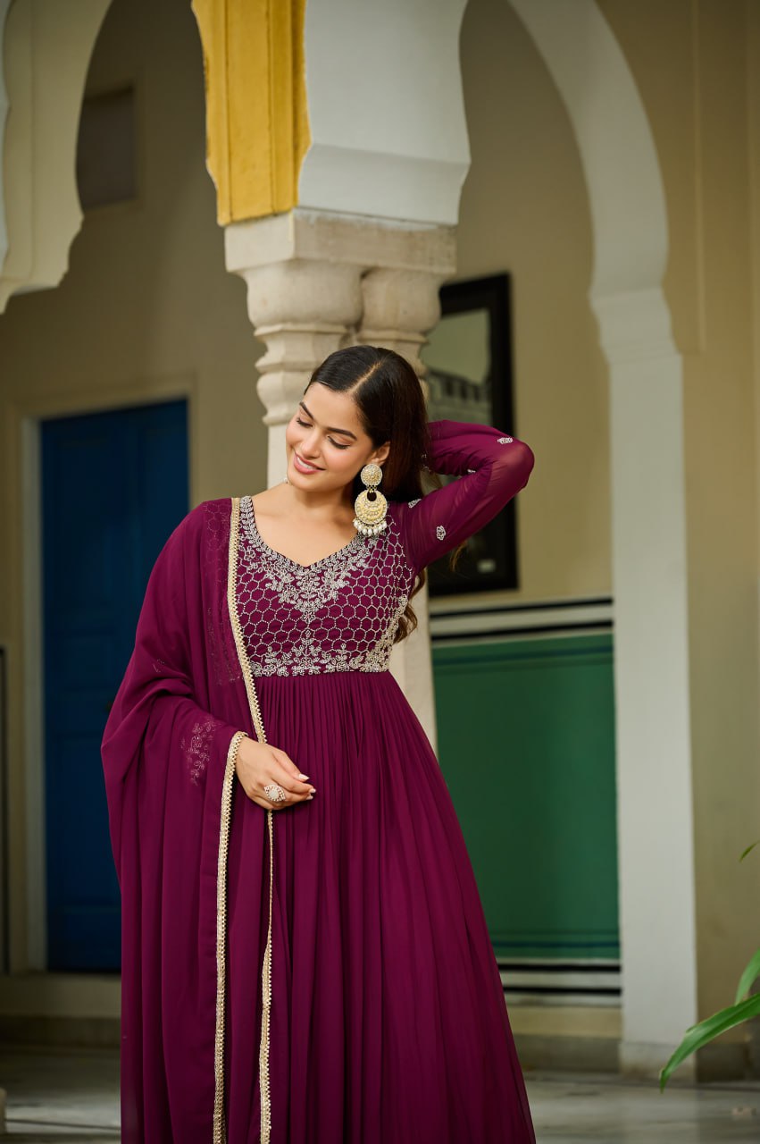 Designer Faux Blooming Embroidered Gown with Dupatta