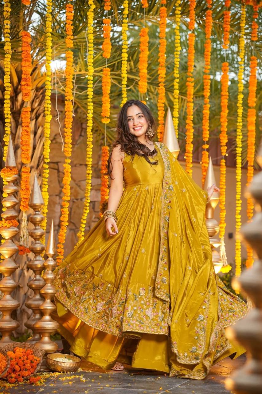 Yellow Heavy Silk Sequins Embroidered Gown Plazzo Set with Dupatta