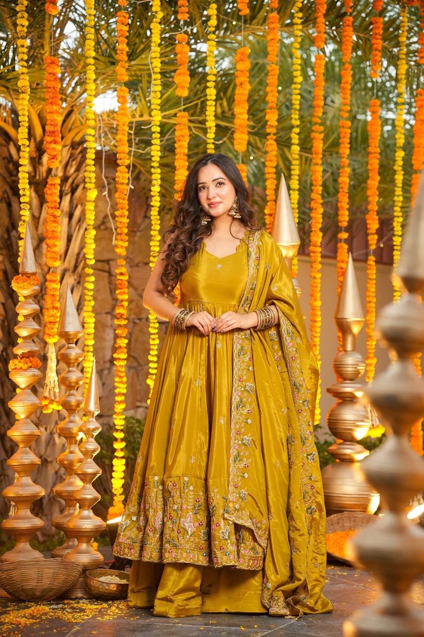 Yellow Heavy Silk Sequins Embroidered Gown Plazzo Set with Dupatta