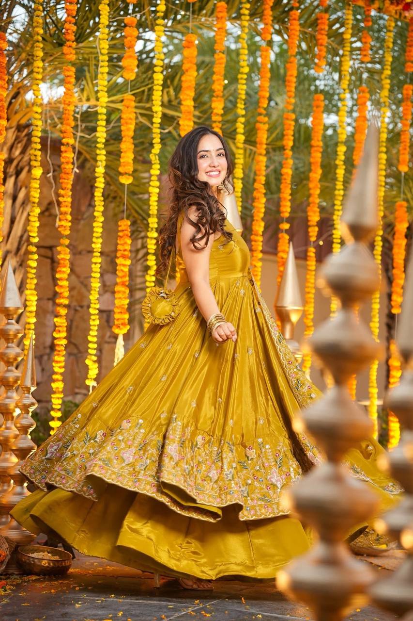 Yellow Heavy Silk Sequins Embroidered Gown Plazzo Set with Dupatta