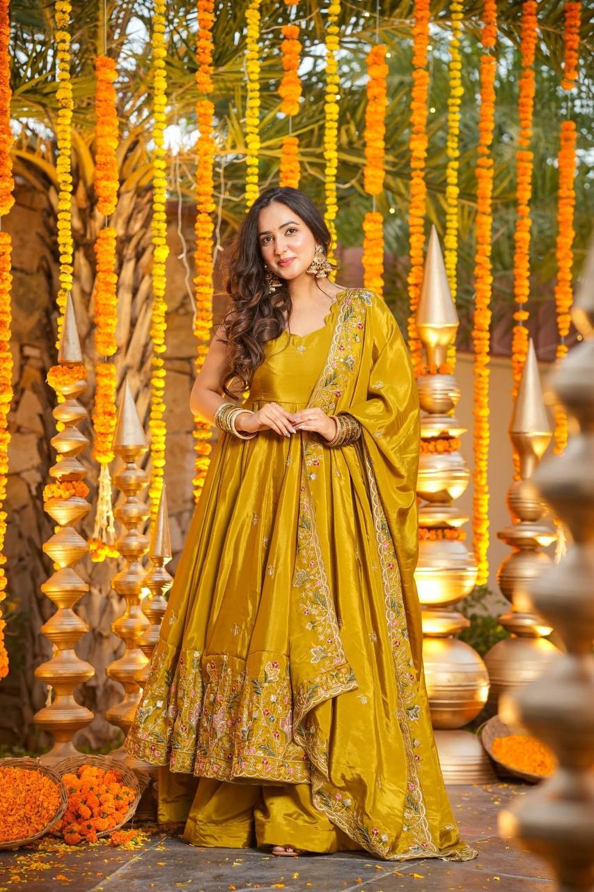 Yellow Heavy Silk Sequins Embroidered Gown Plazzo Set with Dupatta