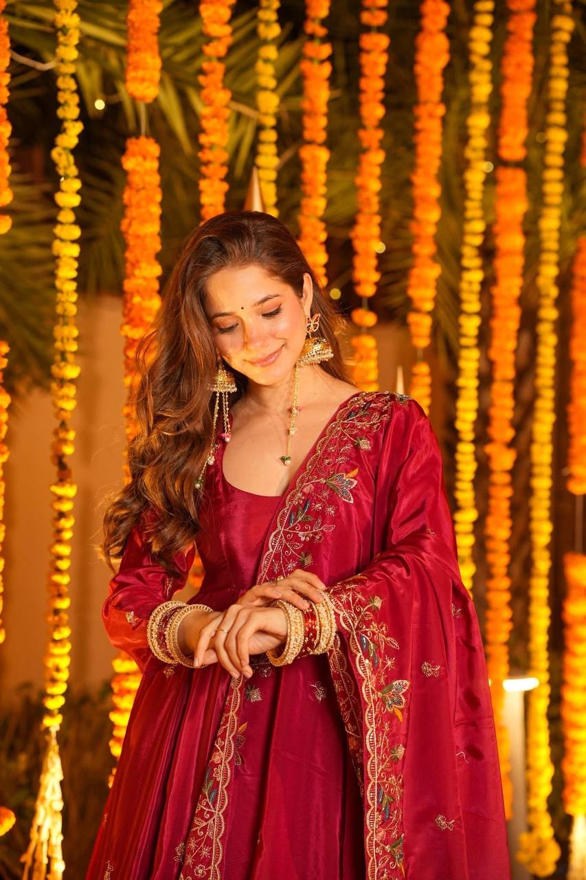 Red Heavy Silk Sequins Embroidered Gown Plazzo Set with Dupatta