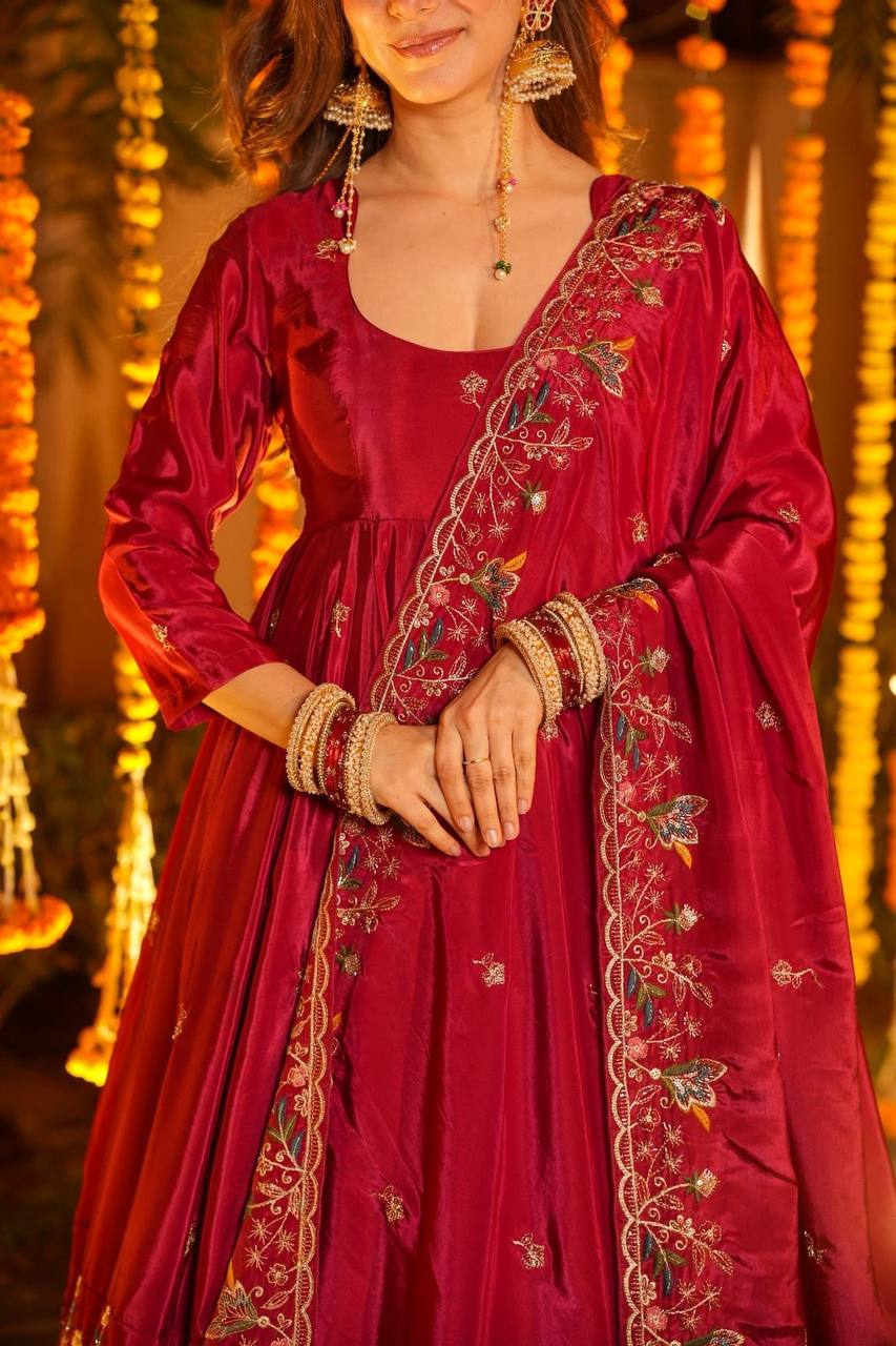 Red Heavy Silk Sequins Embroidered Gown Plazzo Set with Dupatta