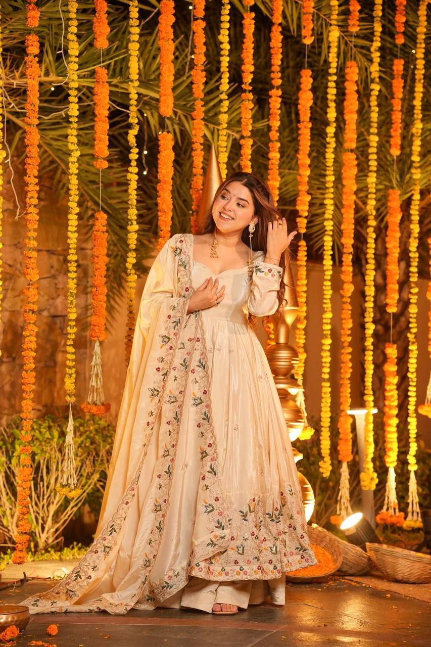 White Heavy Silk Sequins Embroidered Gown Plazzo Set with Dupatta