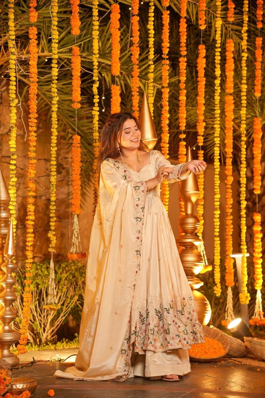 White Heavy Silk Sequins Embroidered Gown Plazzo Set with Dupatta