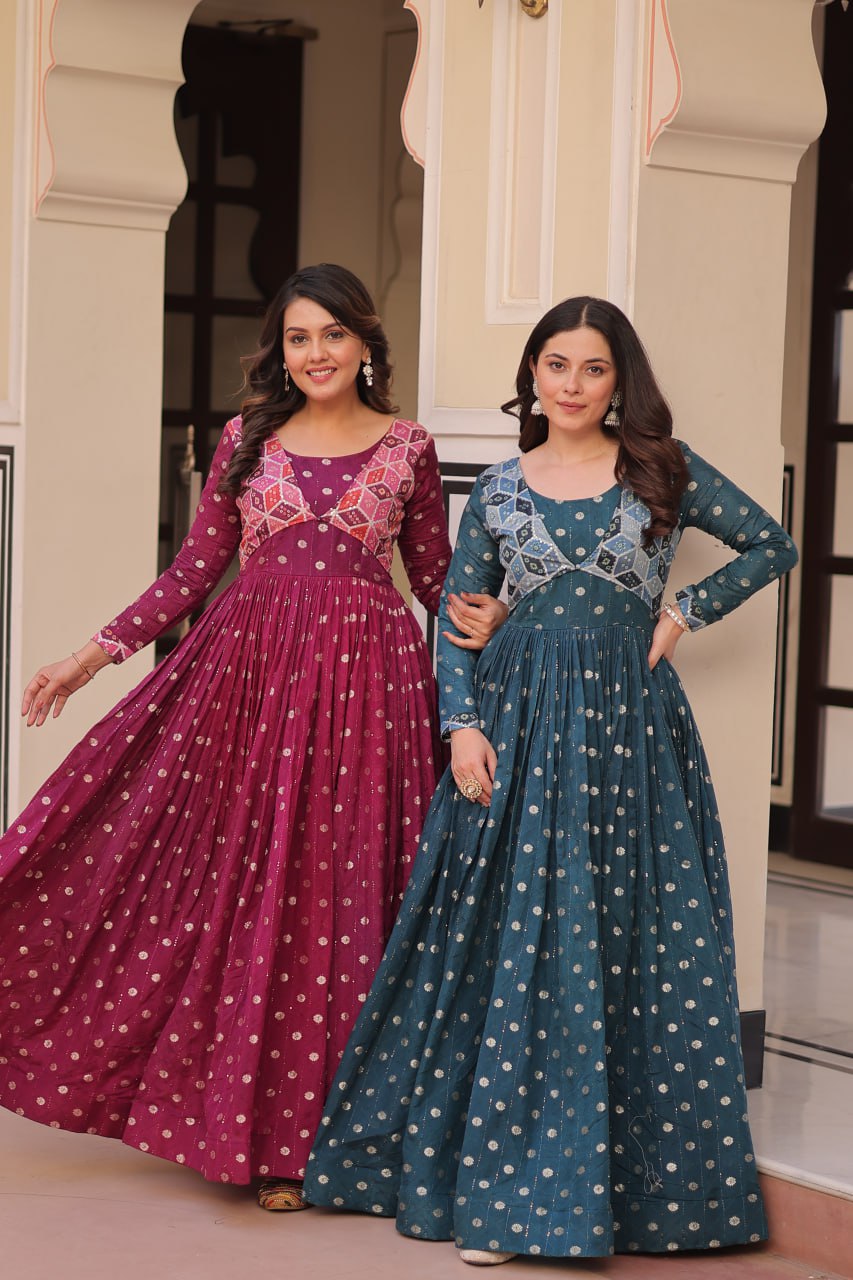 Premium Position Print Jacquard Gown – Rama & Wine | Full Sleeves, Round Neck