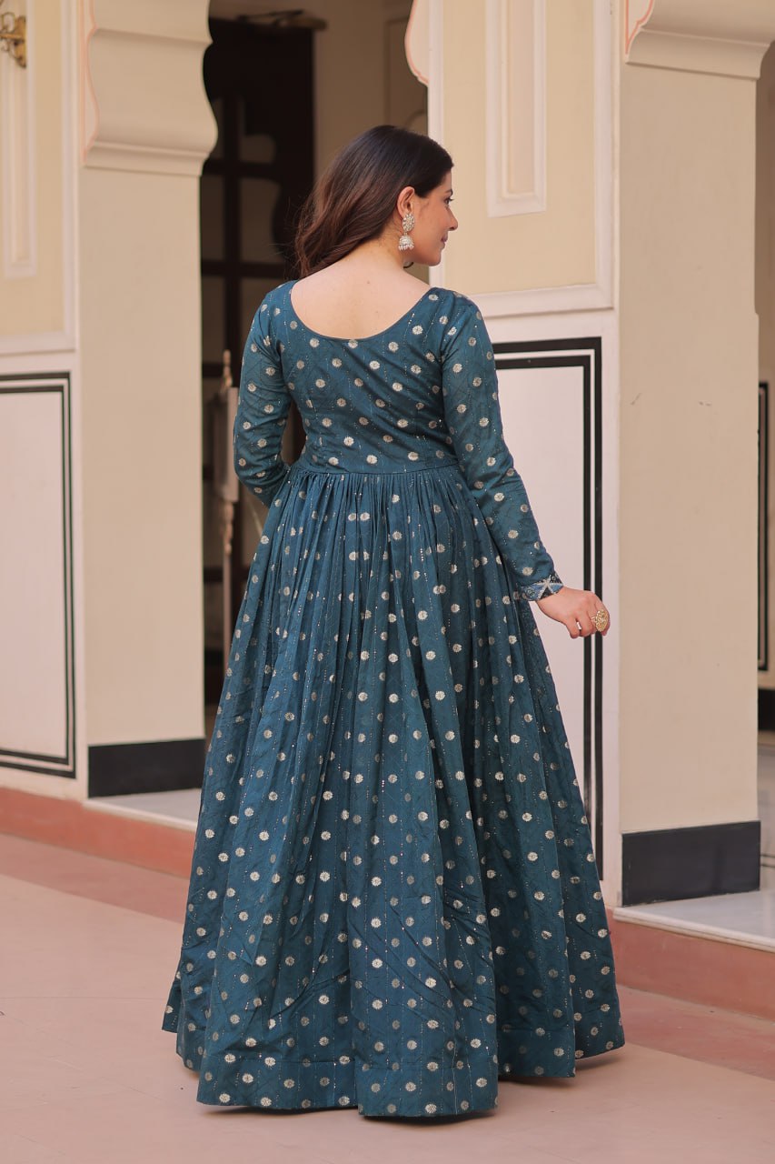 Premium Position Print Jacquard Gown – Rama & Wine | Full Sleeves, Round Neck