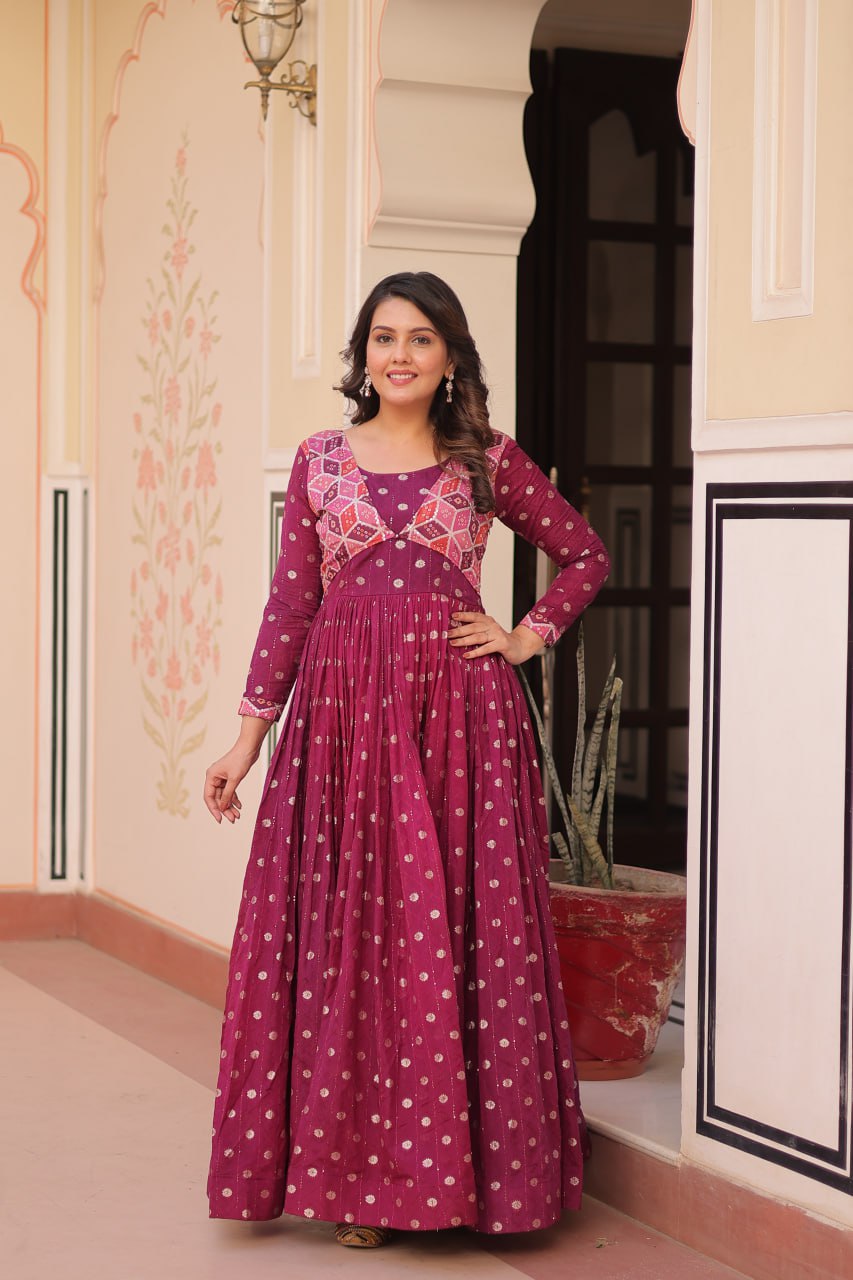 Premium Position Print Jacquard Gown – Rama & Wine | Full Sleeves, Round Neck