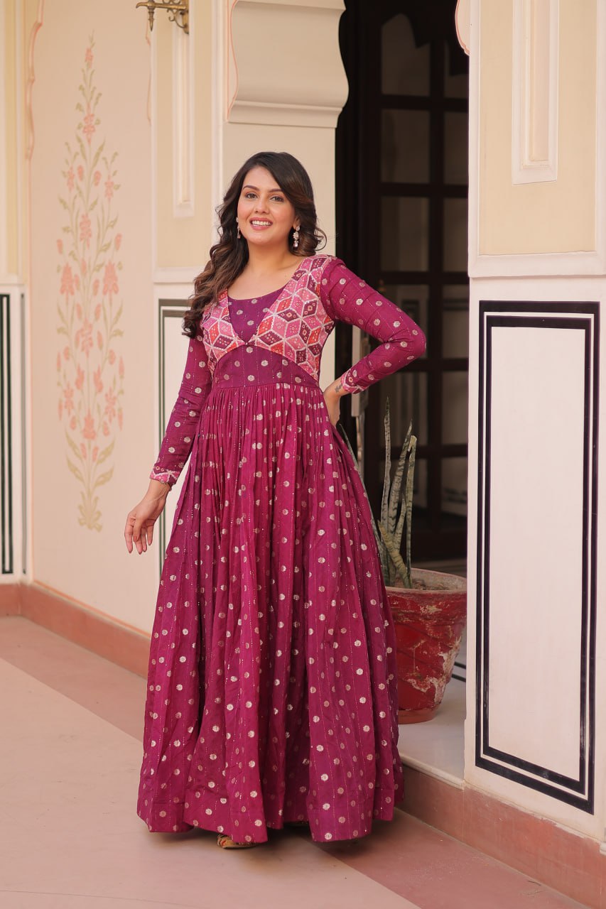 Premium Position Print Jacquard Gown – Rama & Wine | Full Sleeves, Round Neck
