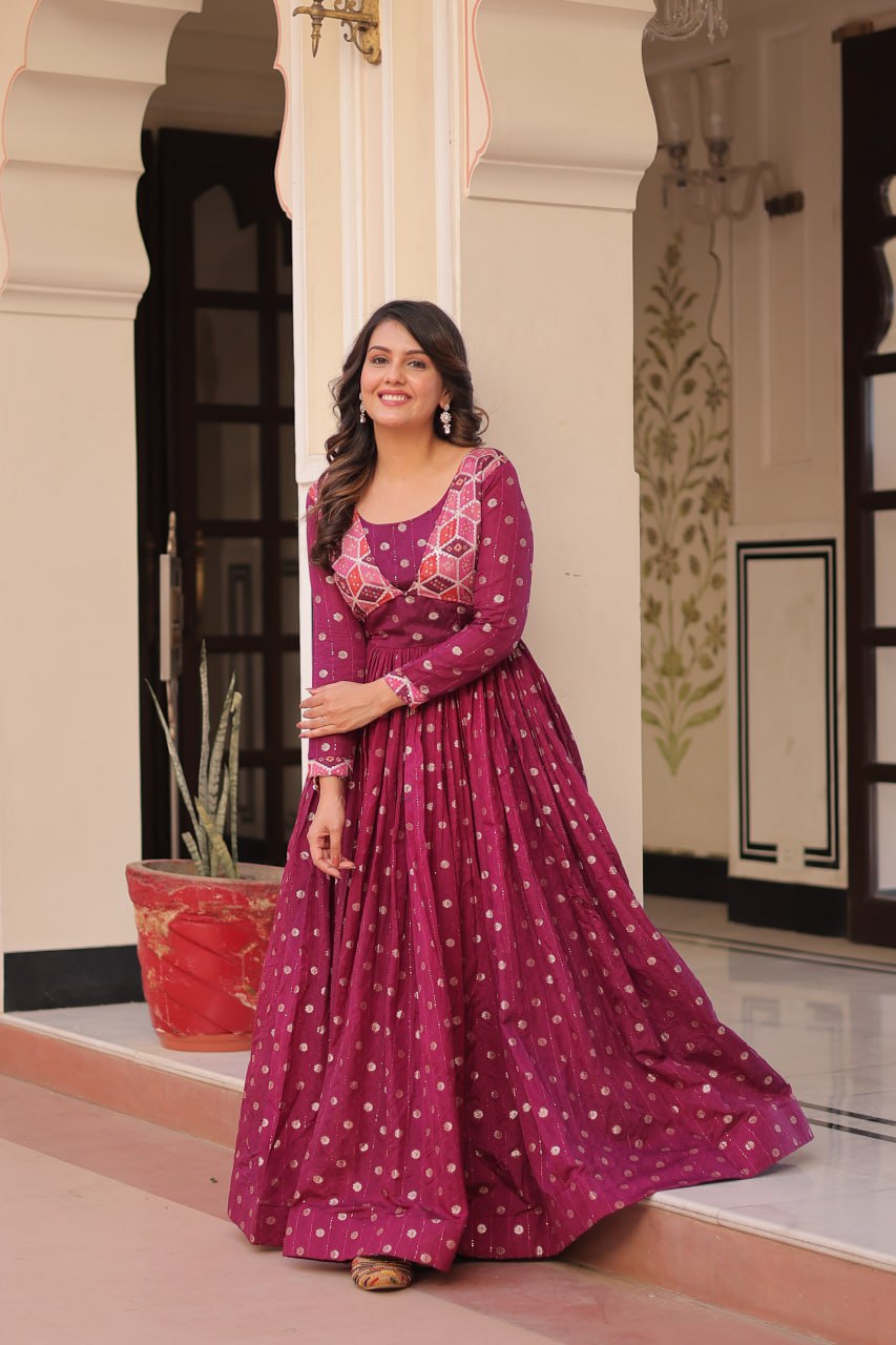 Premium Position Print Jacquard Gown – Rama & Wine | Full Sleeves, Round Neck