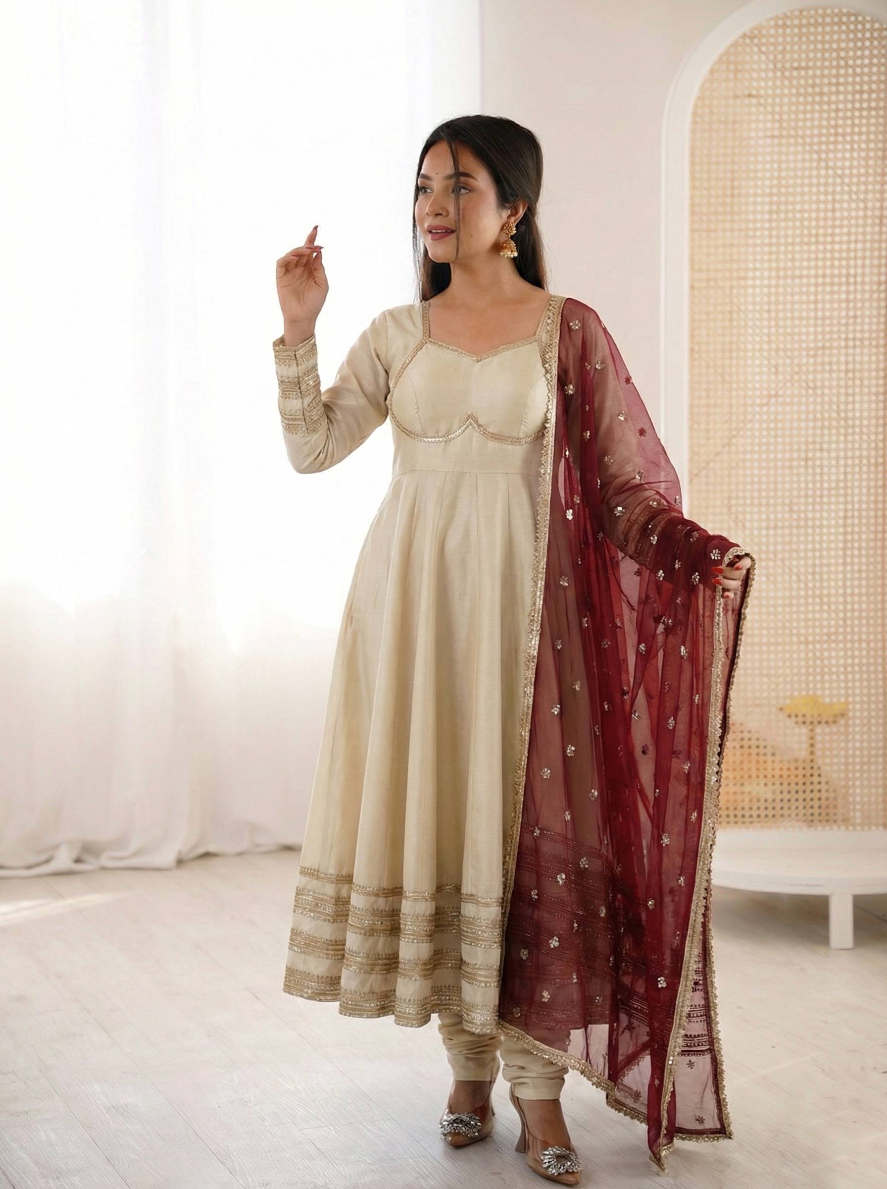 Designer Ready-To-Wear Gown with Bottom & Embroidered Dupatta