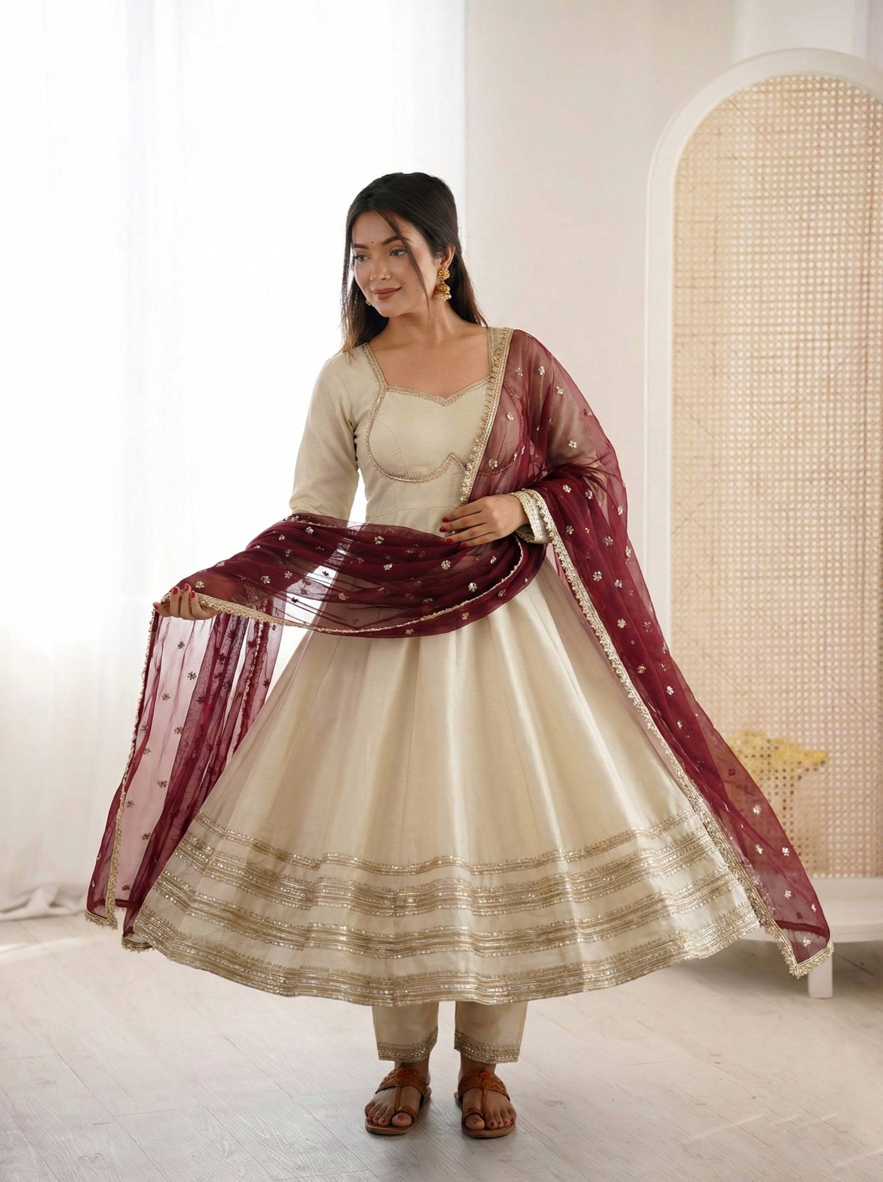 Designer Ready-To-Wear Gown with Bottom & Embroidered Dupatta