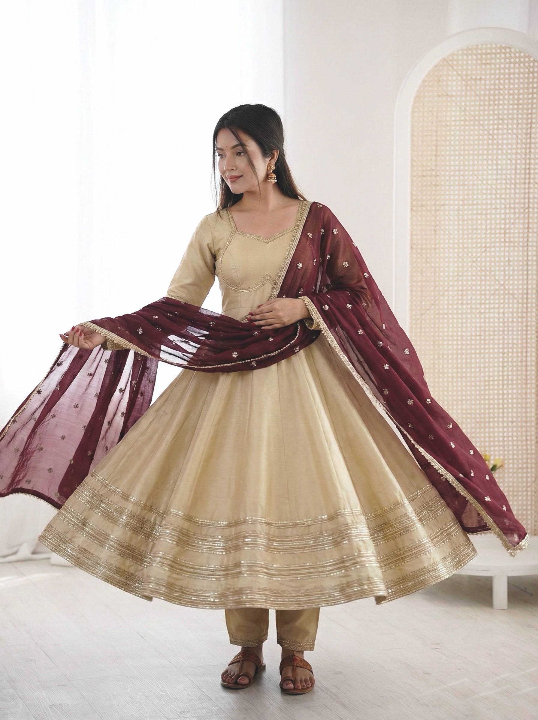 Designer Ready-To-Wear Gown with Bottom & Embroidered Dupatta