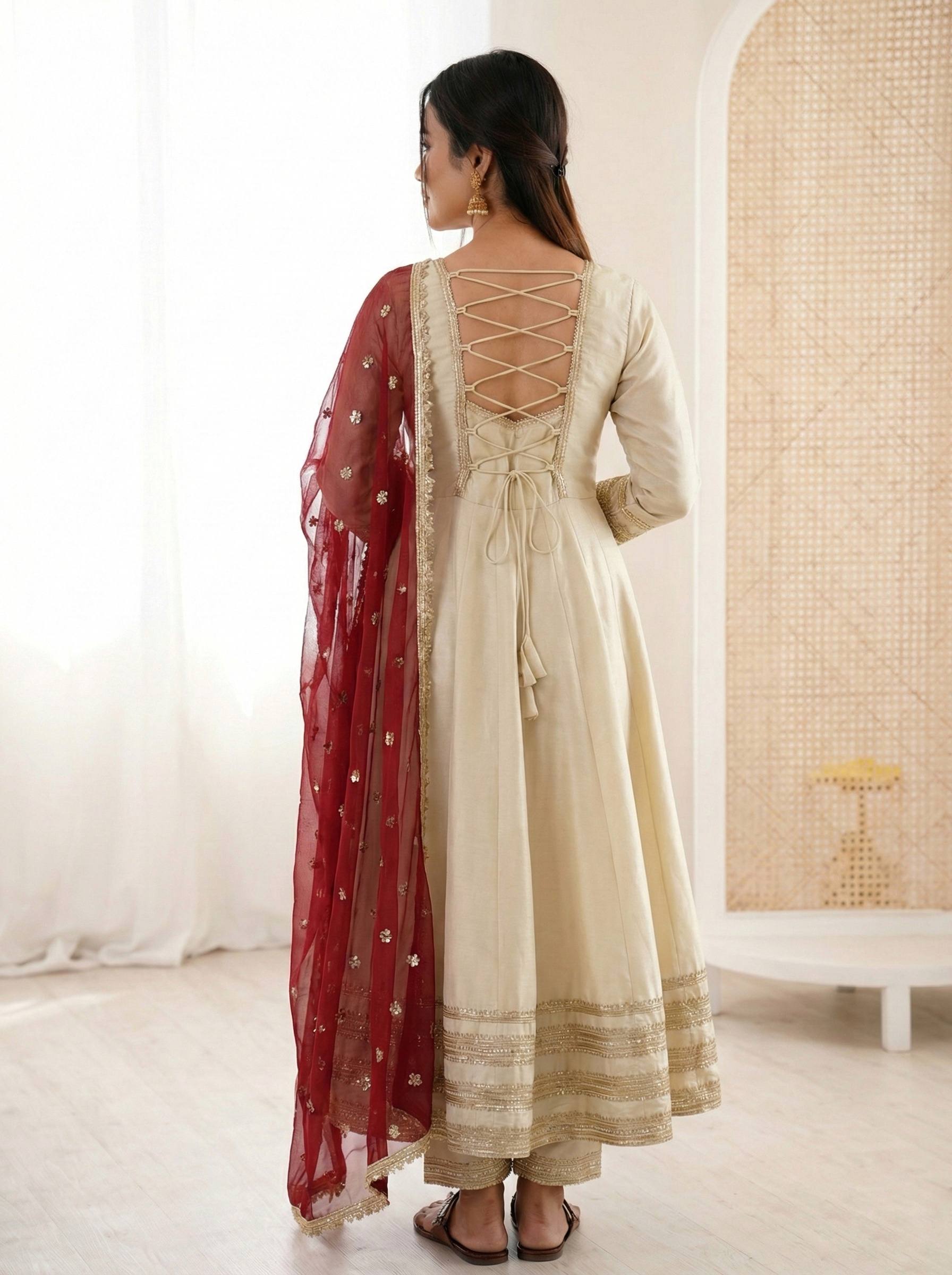 Designer Ready-To-Wear Gown with Bottom & Embroidered Dupatta