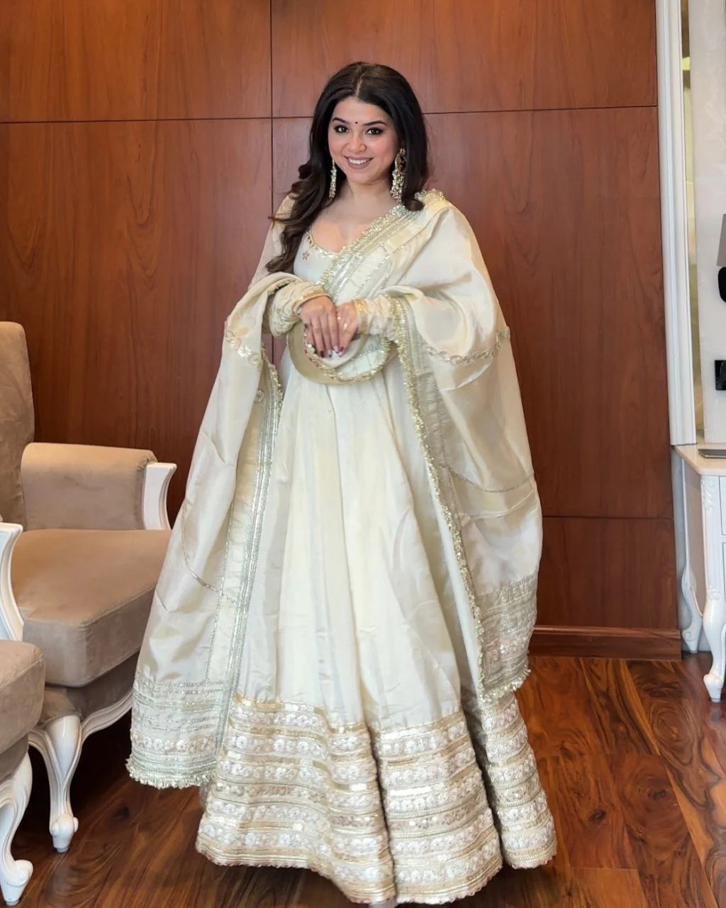 White Premium Chinnon Silk Full Flaired Anarkali Set