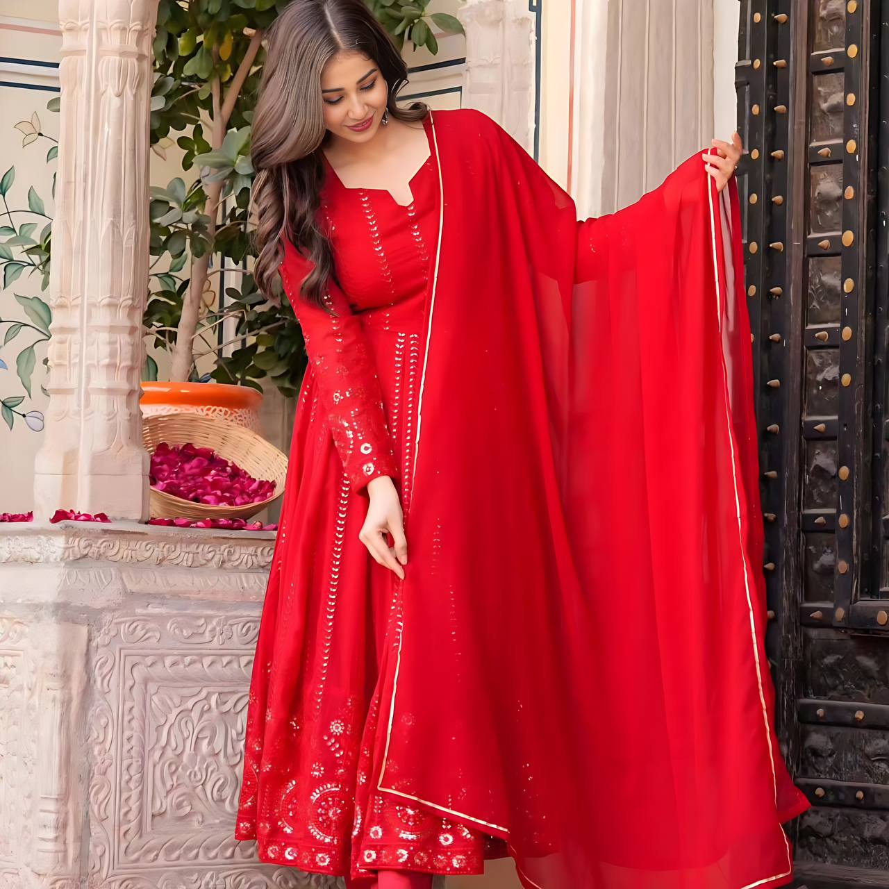 Radiant Red Readymade Anarkali