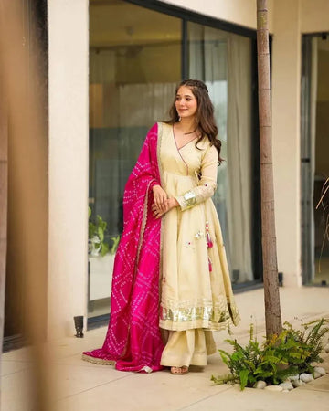 Elegant Silk Suit Set with Handwork & Handprint Dupatta