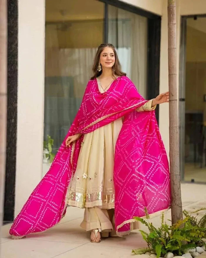 Elegant Silk Suit Set with Handwork & Handprint Dupatta