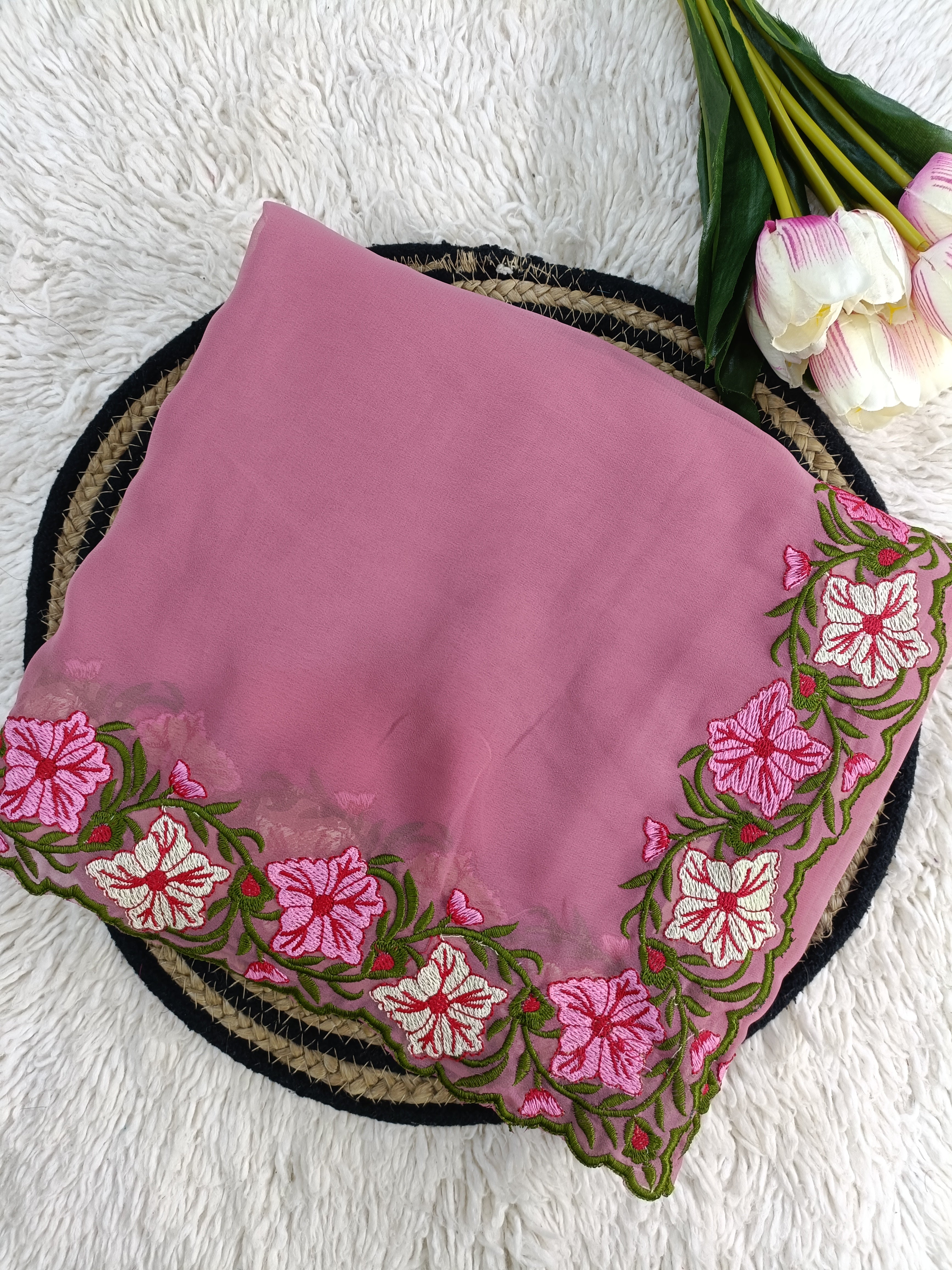 New Partywear Rose Pattern Designer Border Work Saree