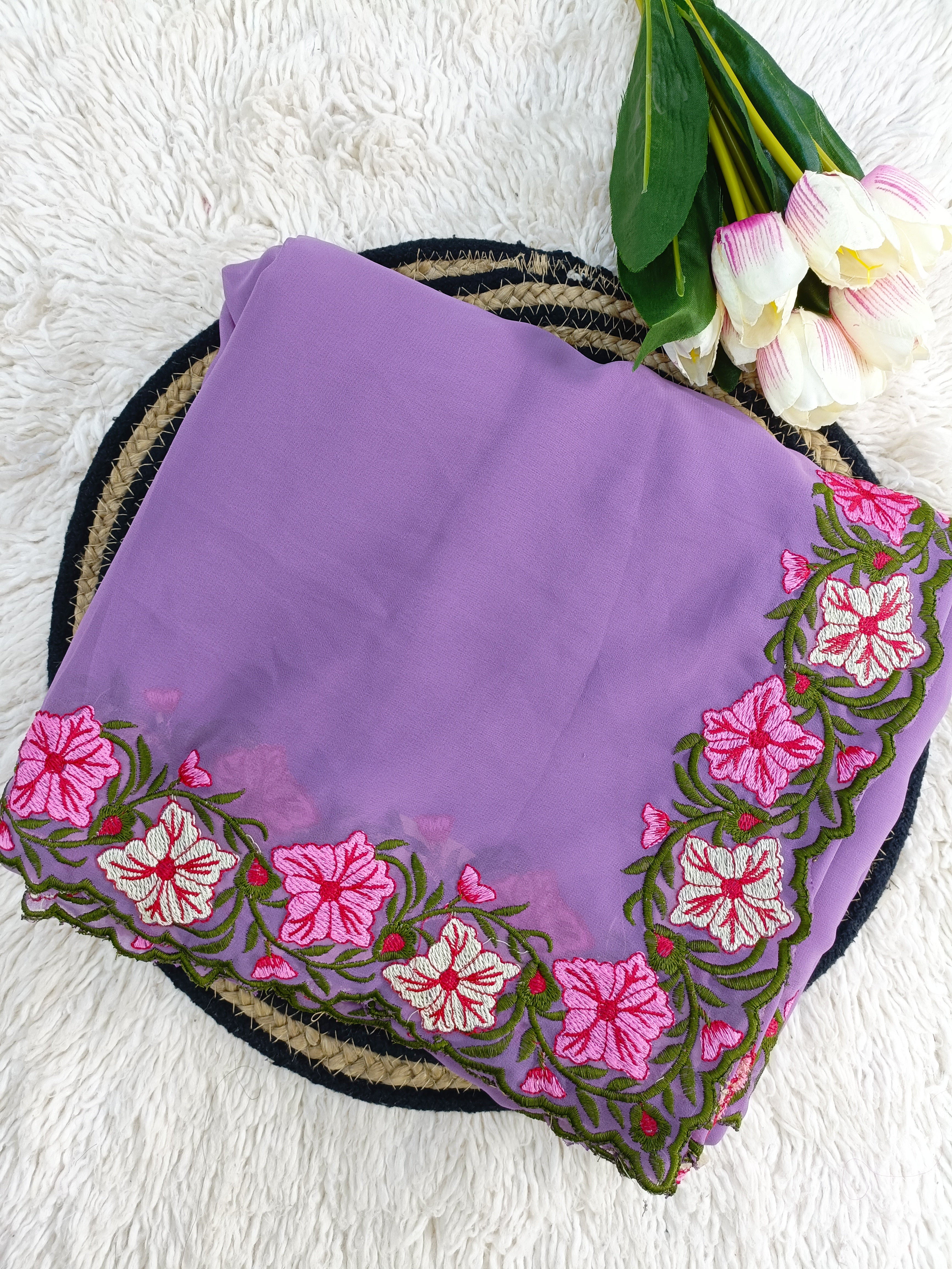 New Partywear Rose Pattern Designer Border Work Saree