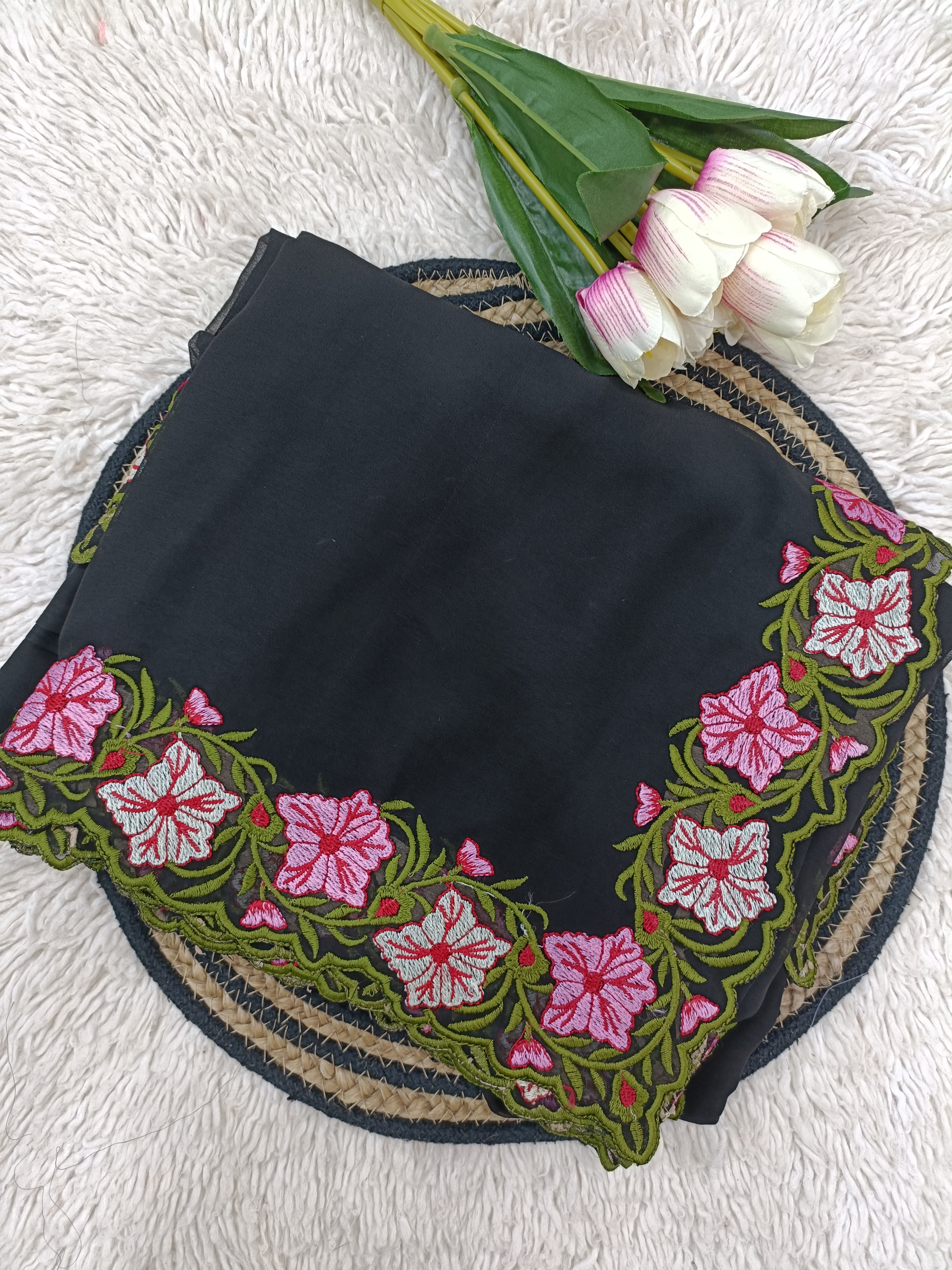 New Partywear Rose Pattern Designer Border Work Saree