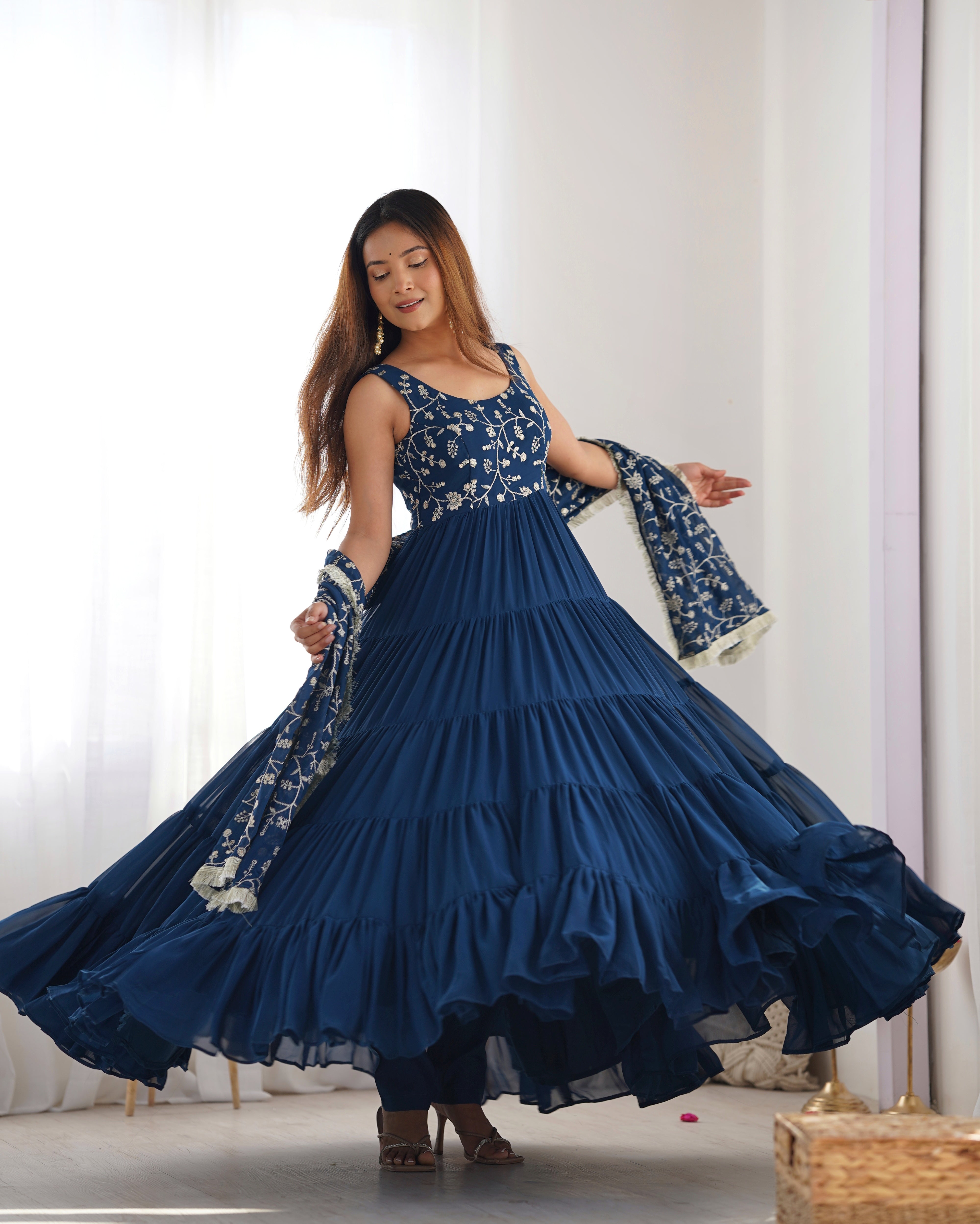 Designer Fox Georgette Anarkali Set – 12+ Mtr Flair with Embroidered Dupatta & Silk Pant