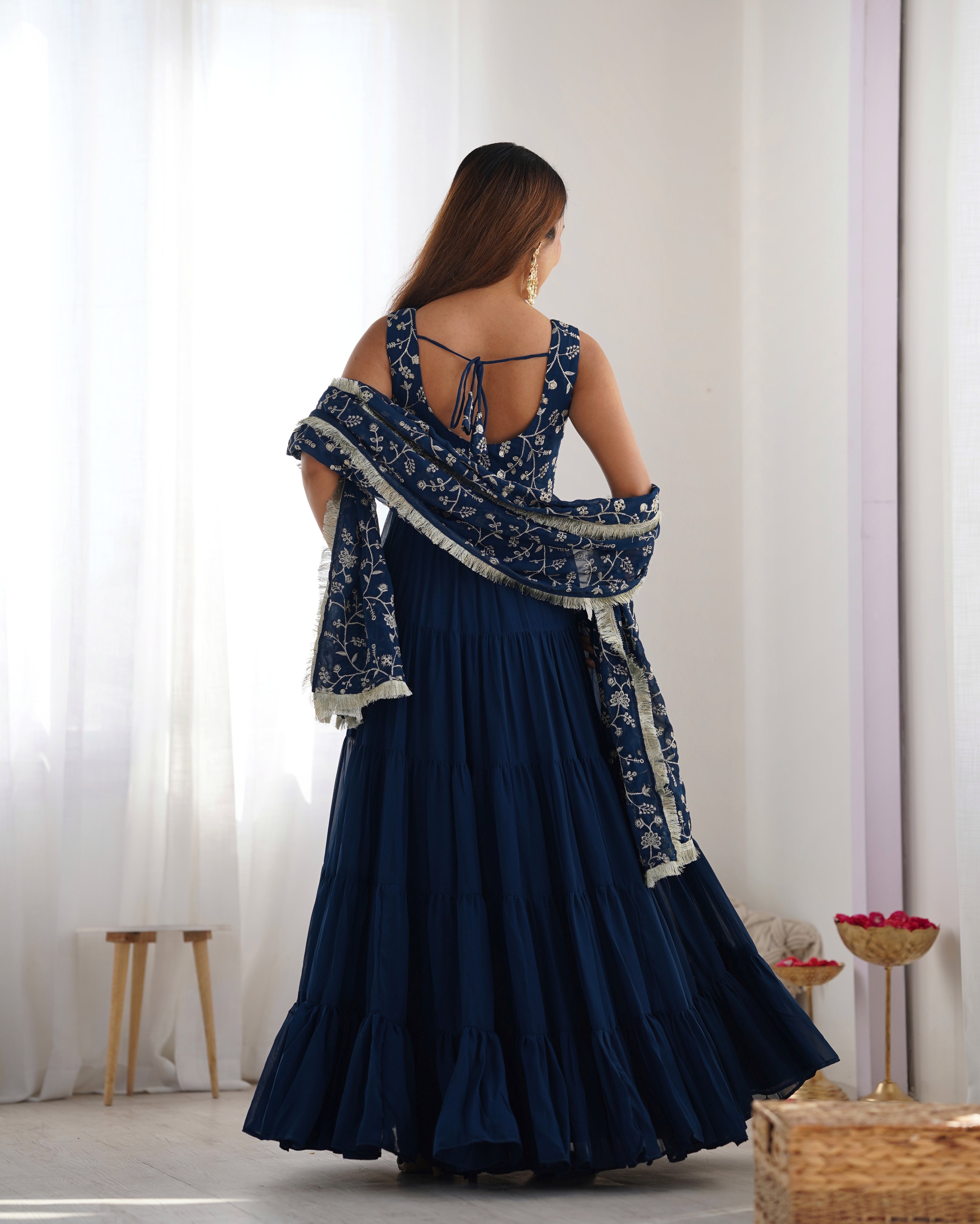 Designer Fox Georgette Anarkali Set – 12+ Mtr Flair with Embroidered Dupatta & Silk Pant