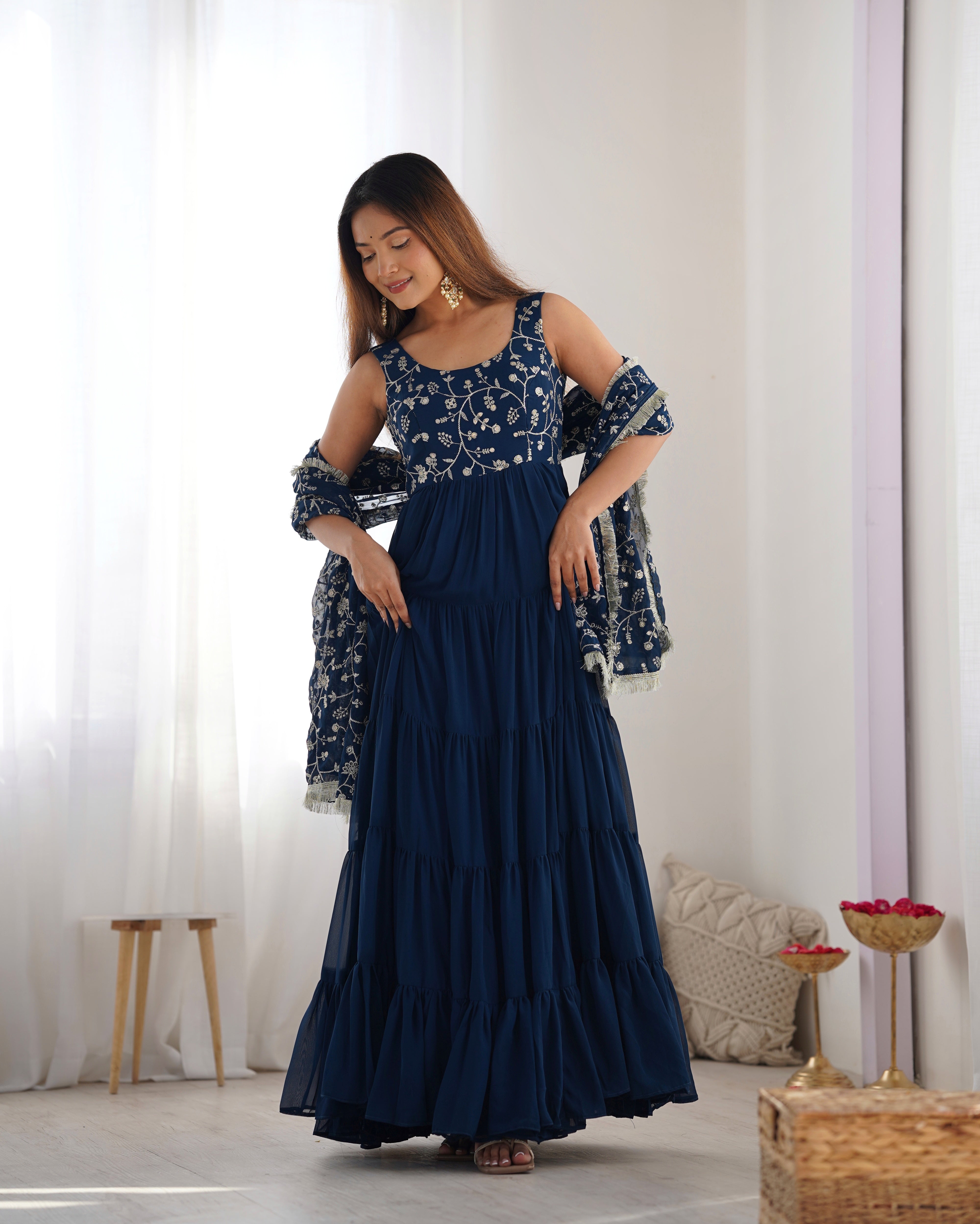 Designer Fox Georgette Anarkali Set – 12+ Mtr Flair with Embroidered Dupatta & Silk Pant