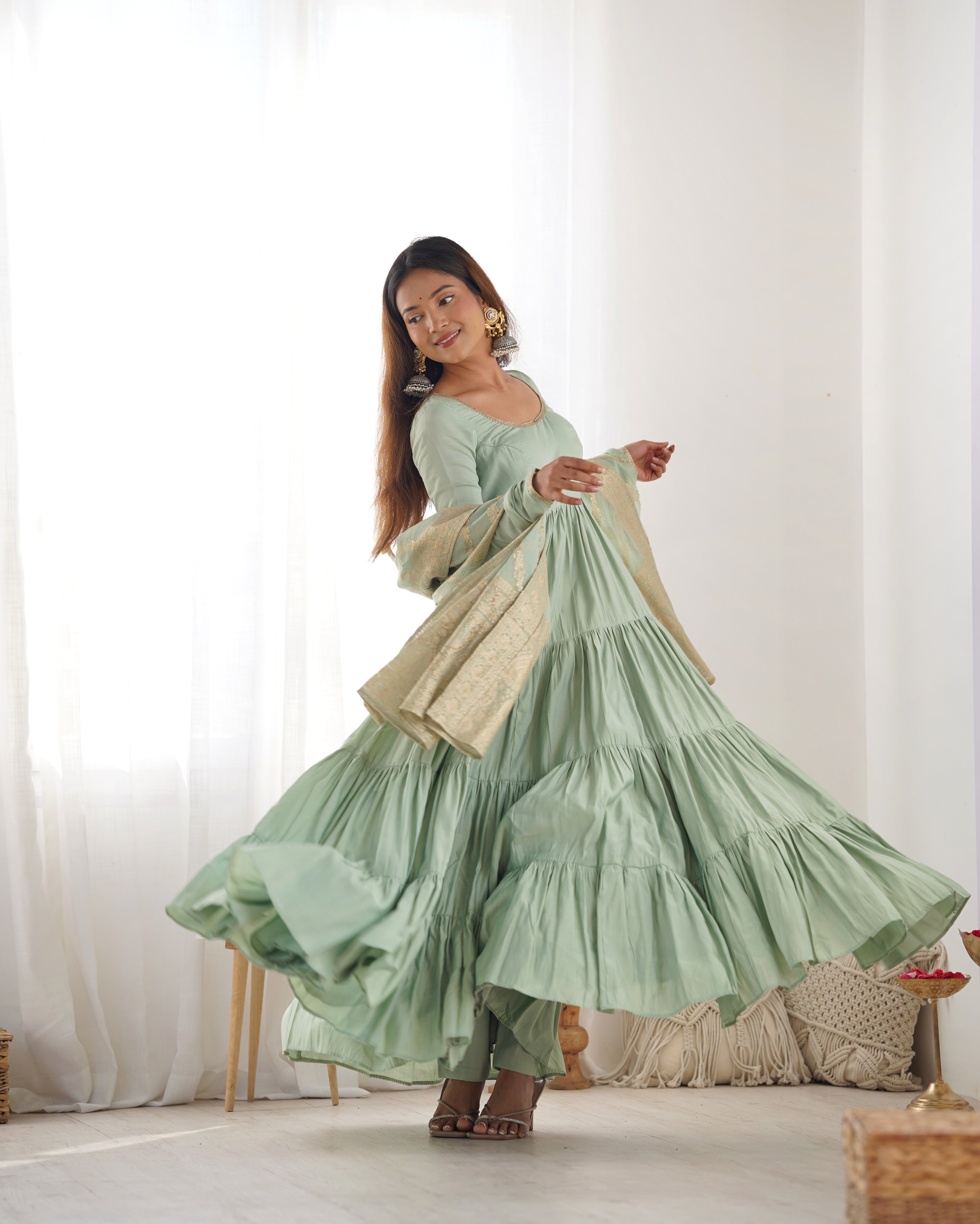 Luxury Roman Silk Chanderi Anarkali Set – 9+ Mtr Flair with Banarasi Dupatta & Pant
