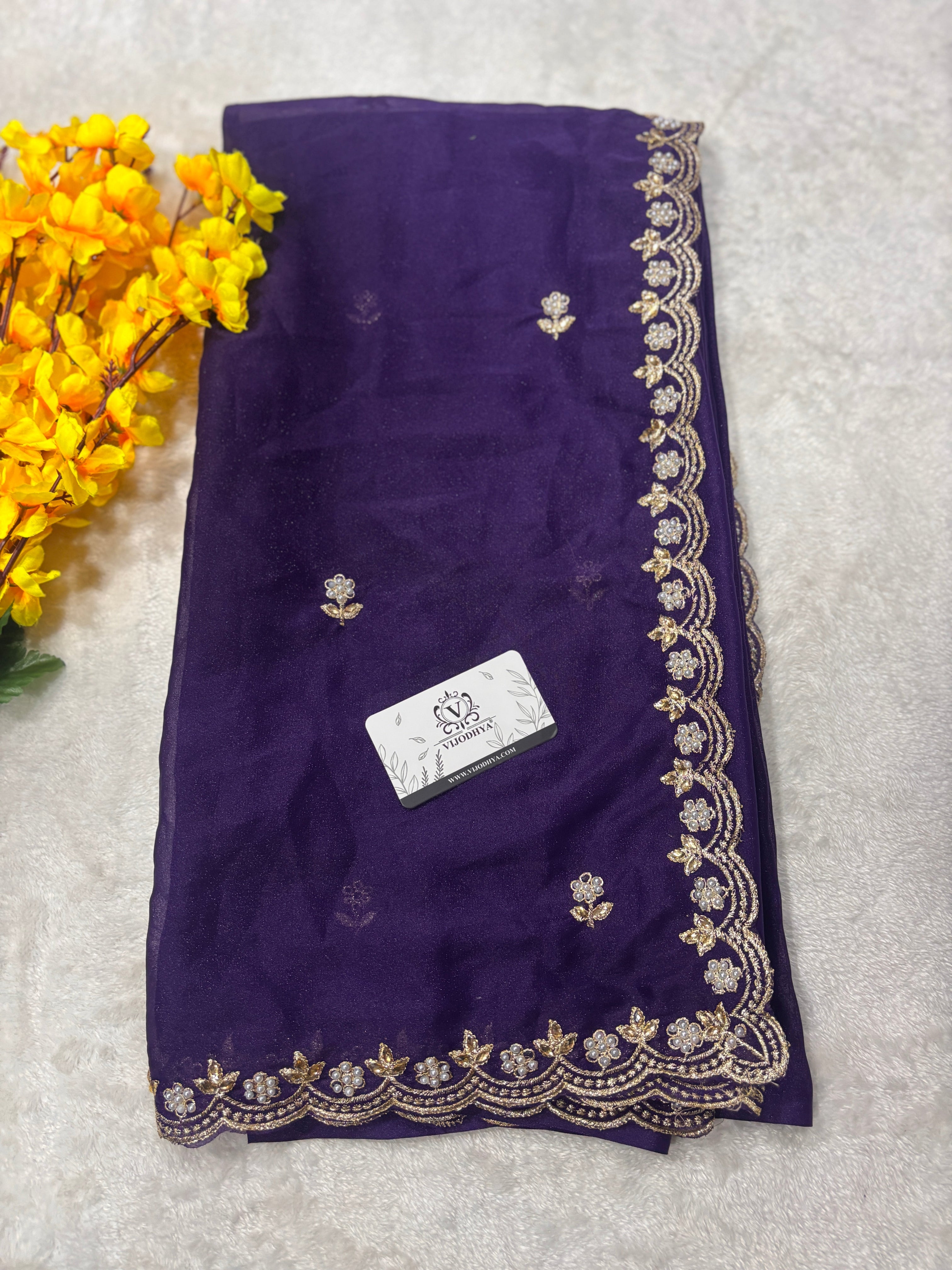 New Function Wear Moss Chiffon Designer Handwork Saree With Diamond Border Cut