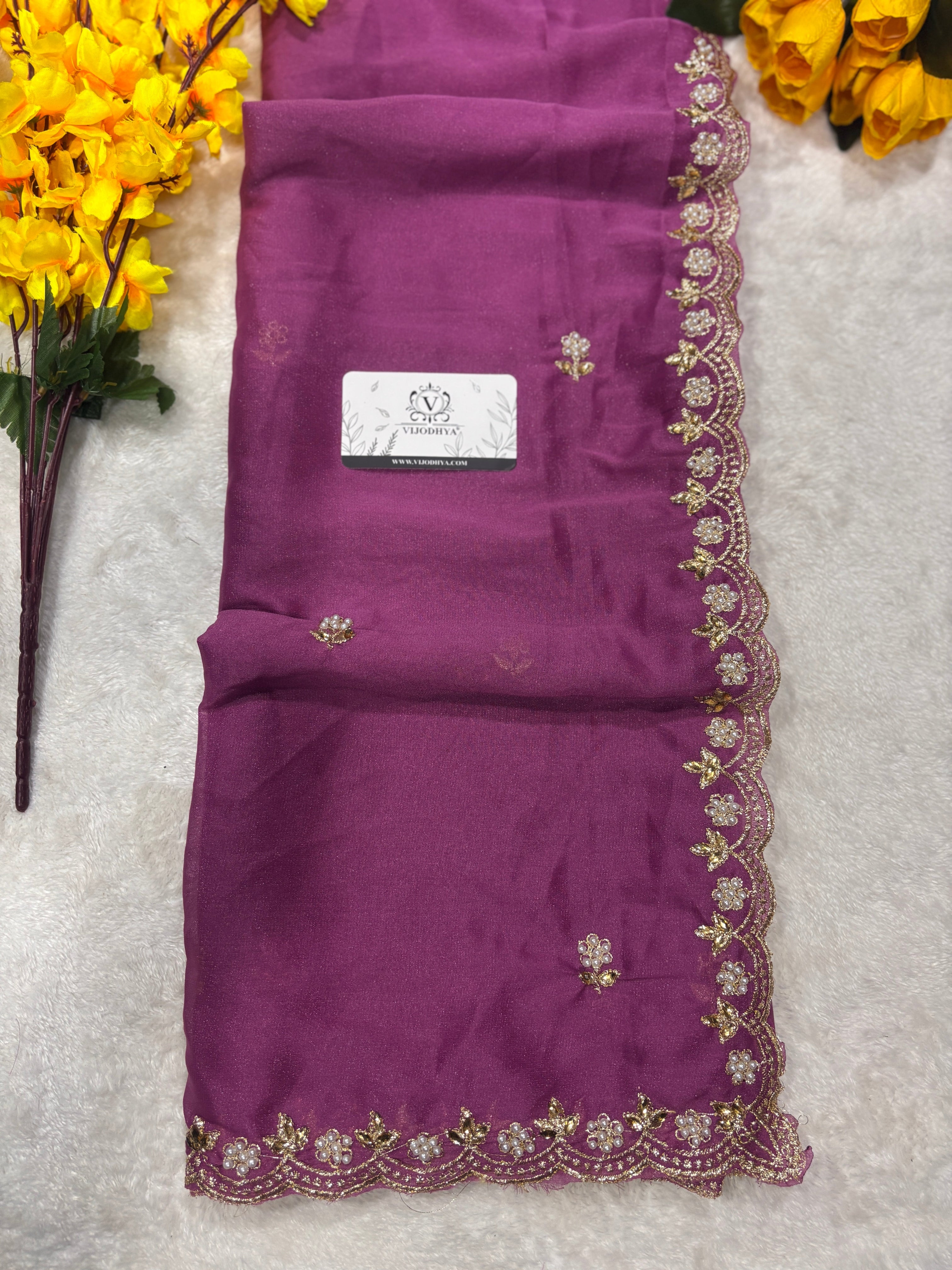 New Function Wear Moss Chiffon Designer Handwork Saree With Diamond Border Cut