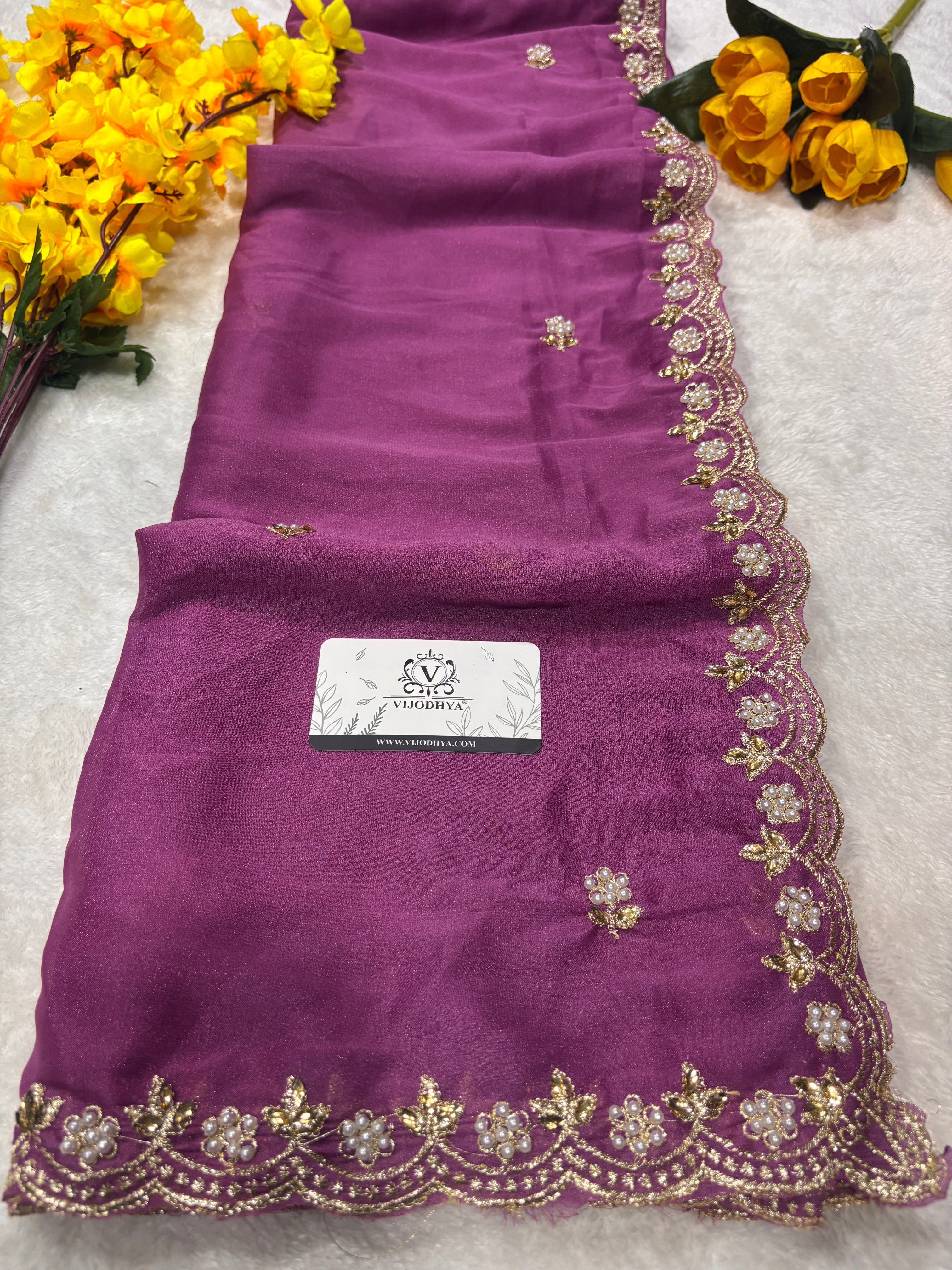 New Function Wear Moss Chiffon Designer Handwork Saree With Diamond Border Cut