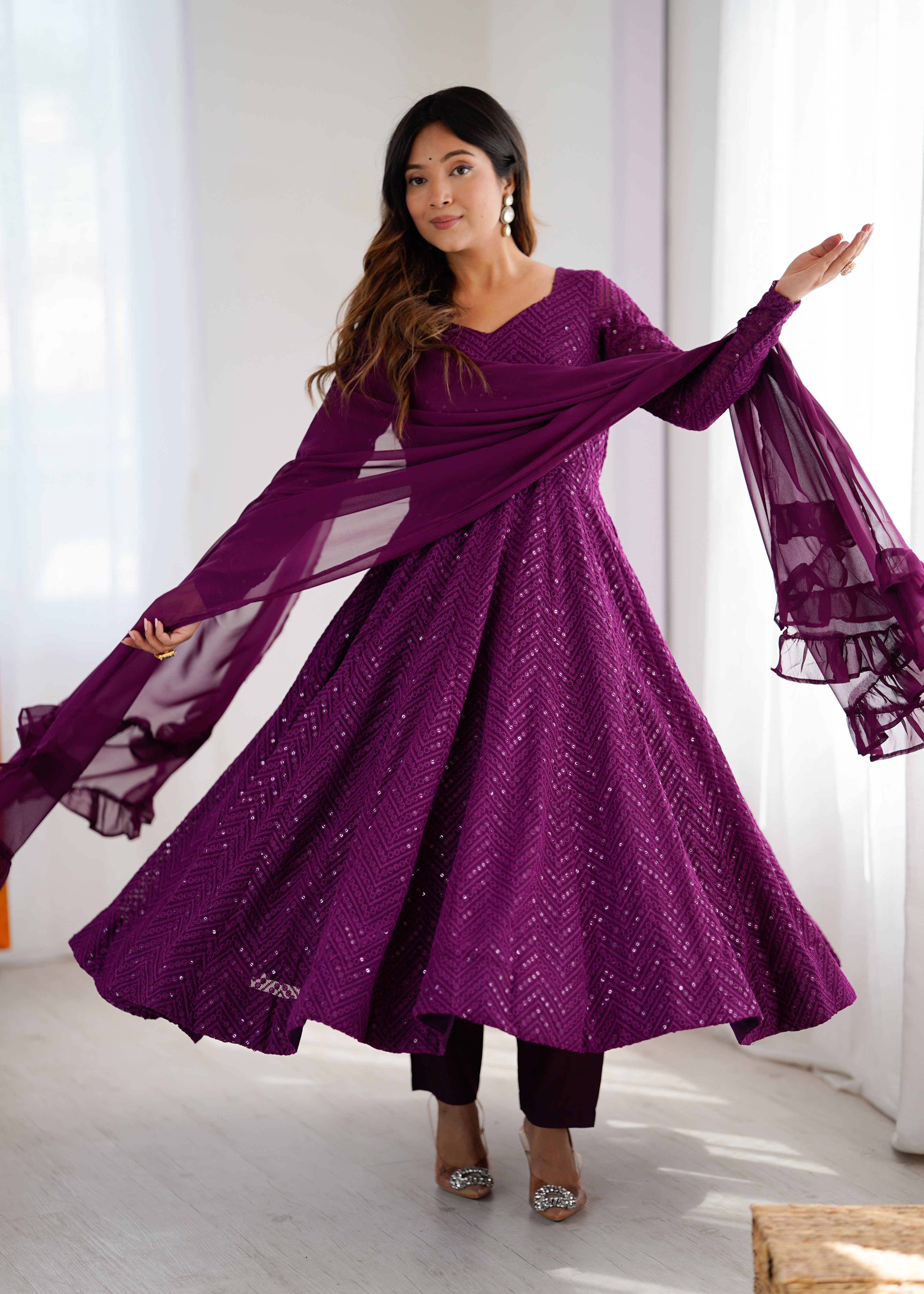 Wine New Partywear Designer Premium Fox Georgette with Lucknowi Sequence Work Anarkali Set