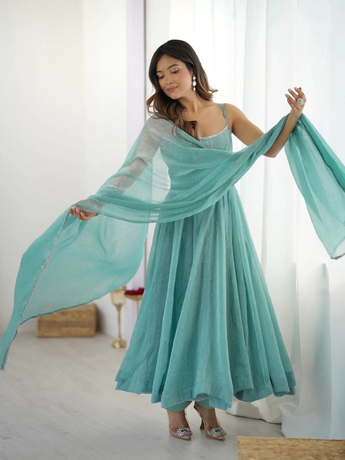 Crunchy Silk Anarkali Set with Sirozki Work & Dupatta