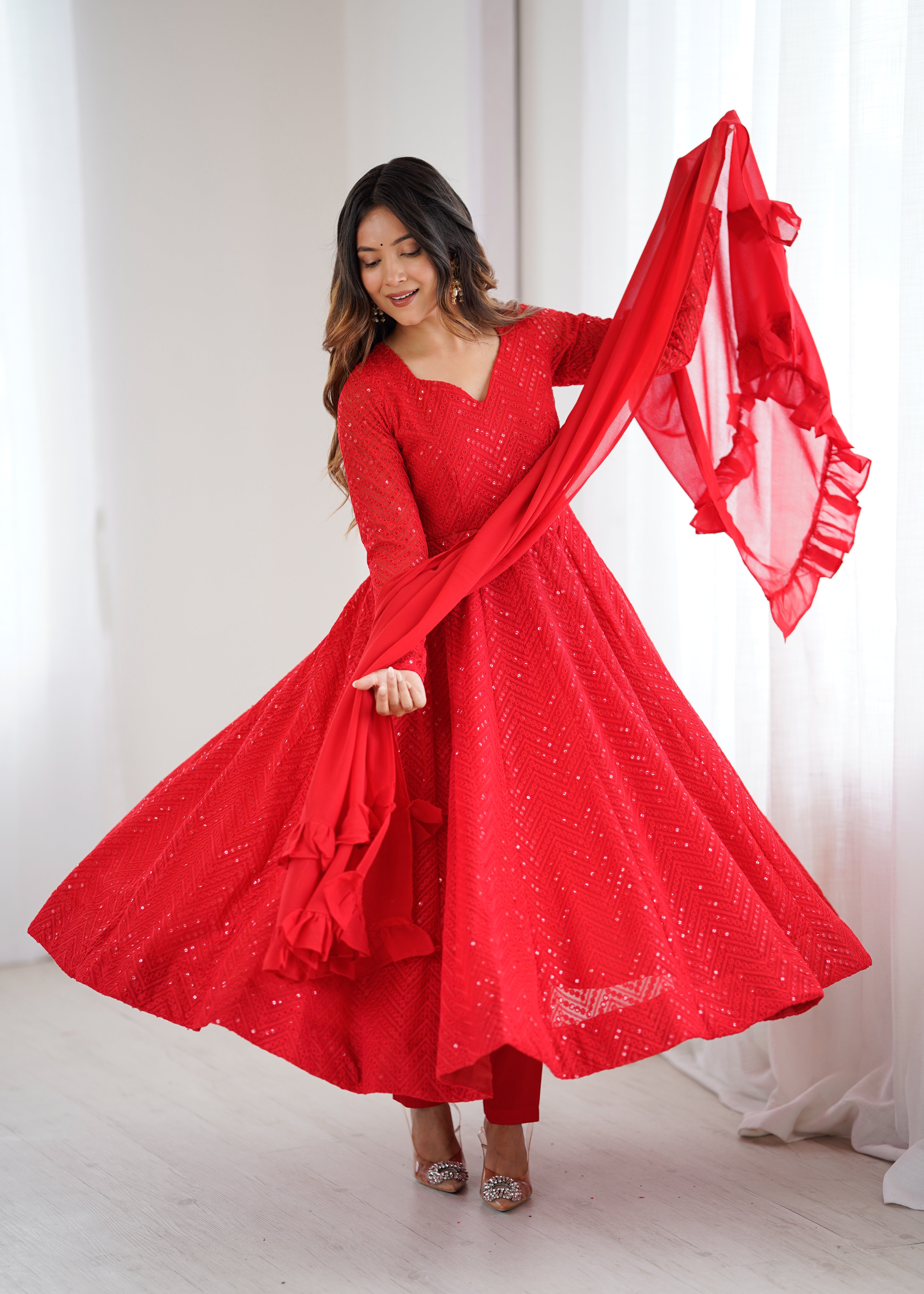 Red Color New Arrival Designer Georgette Lucknowi Sequence Work Anarkali Set