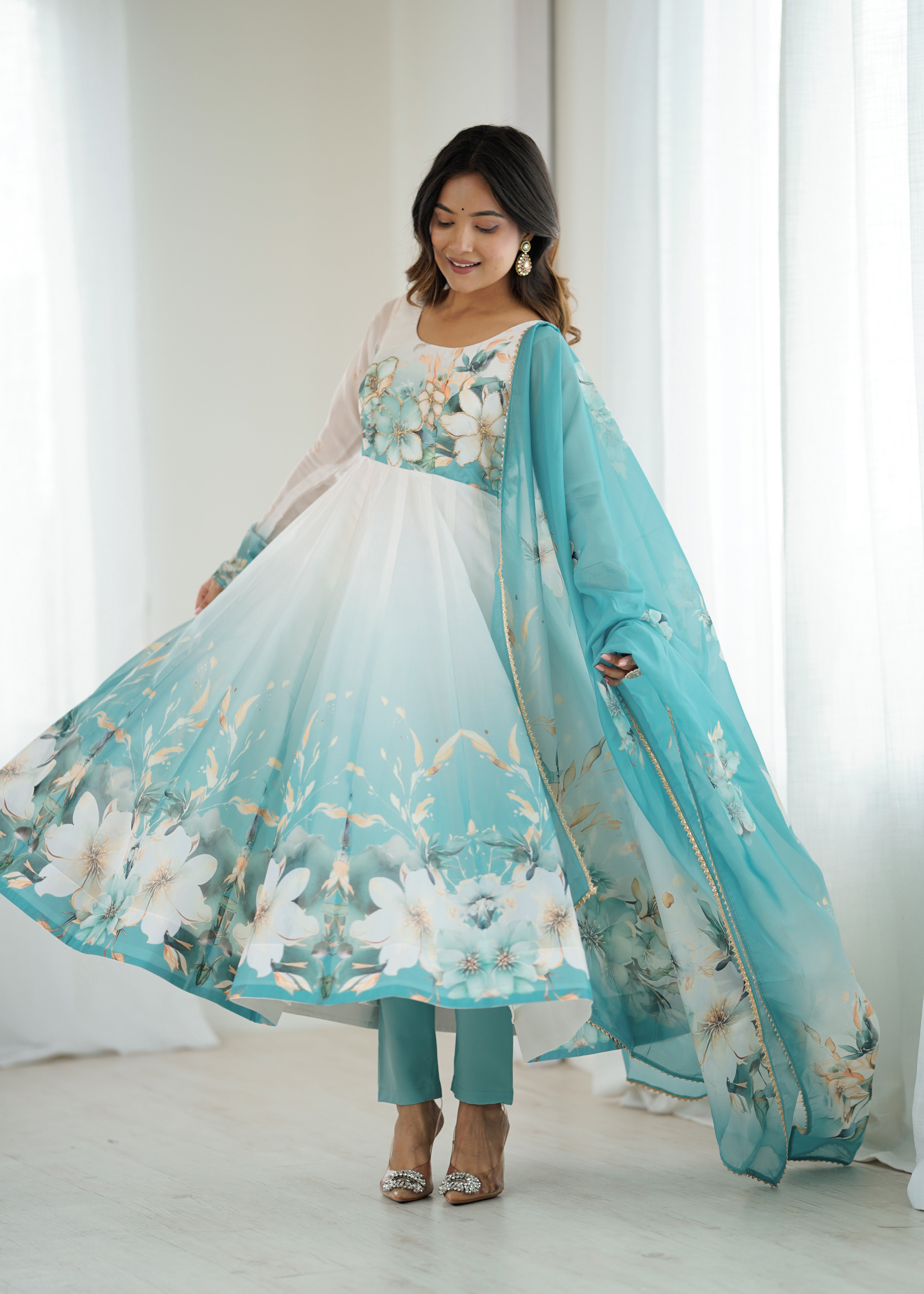 New Partywear Heavy Pure Soft Organza Silk Beautiful Rose Pattern Anarkali Set