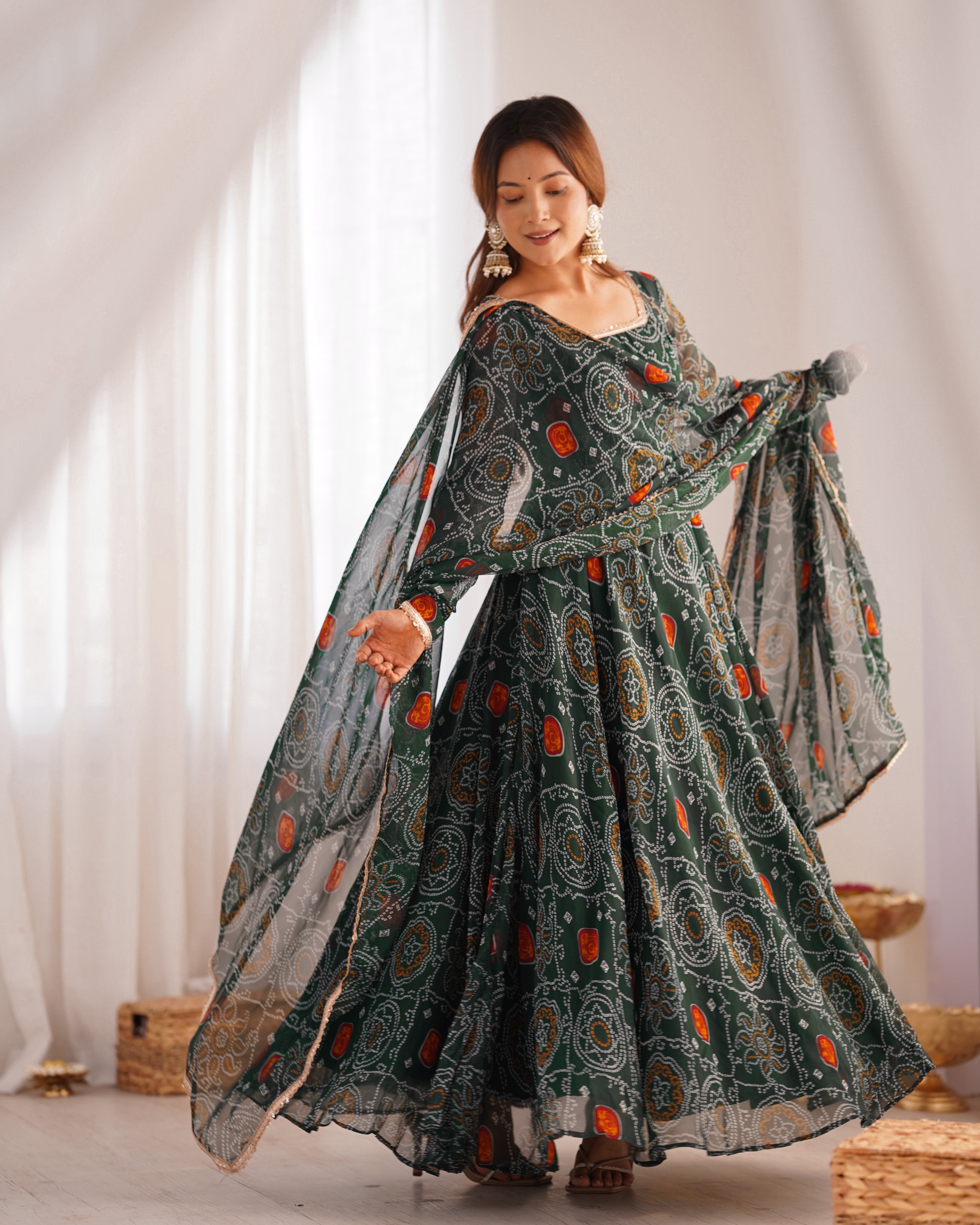 Lightweight Chiffon Bandhej Anarkali Set – 8 Mtr Flair with Lace Dupatta & Cotton Pant