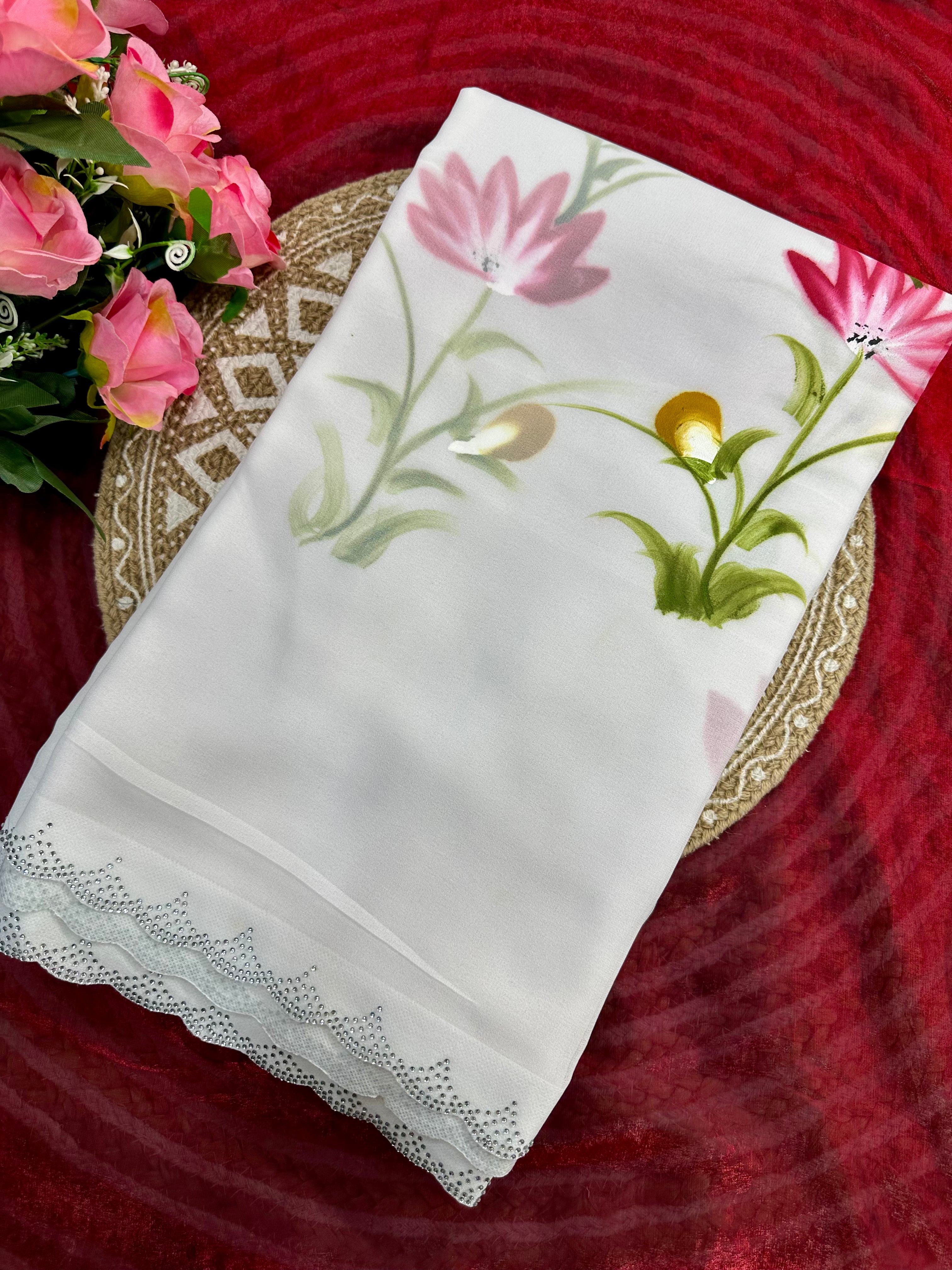 White Color Partywear Soft Georgette Handbrush Print With Siroski Cut Work Fancy Designer Saree