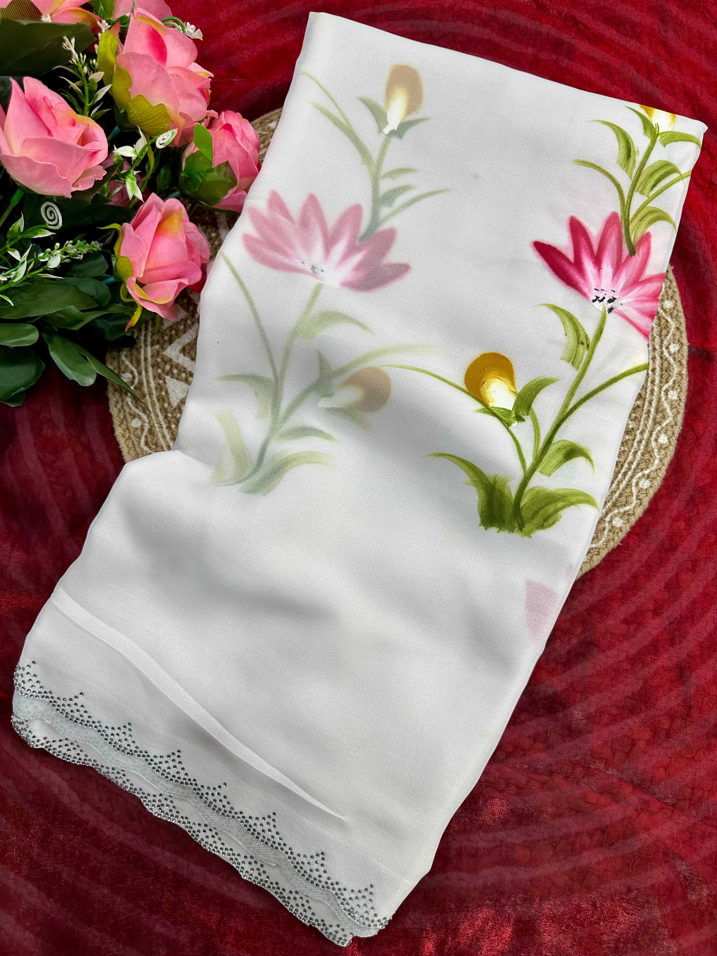 White Color Partywear Soft Georgette Handbrush Print With Siroski Cut Work Fancy Designer Saree
