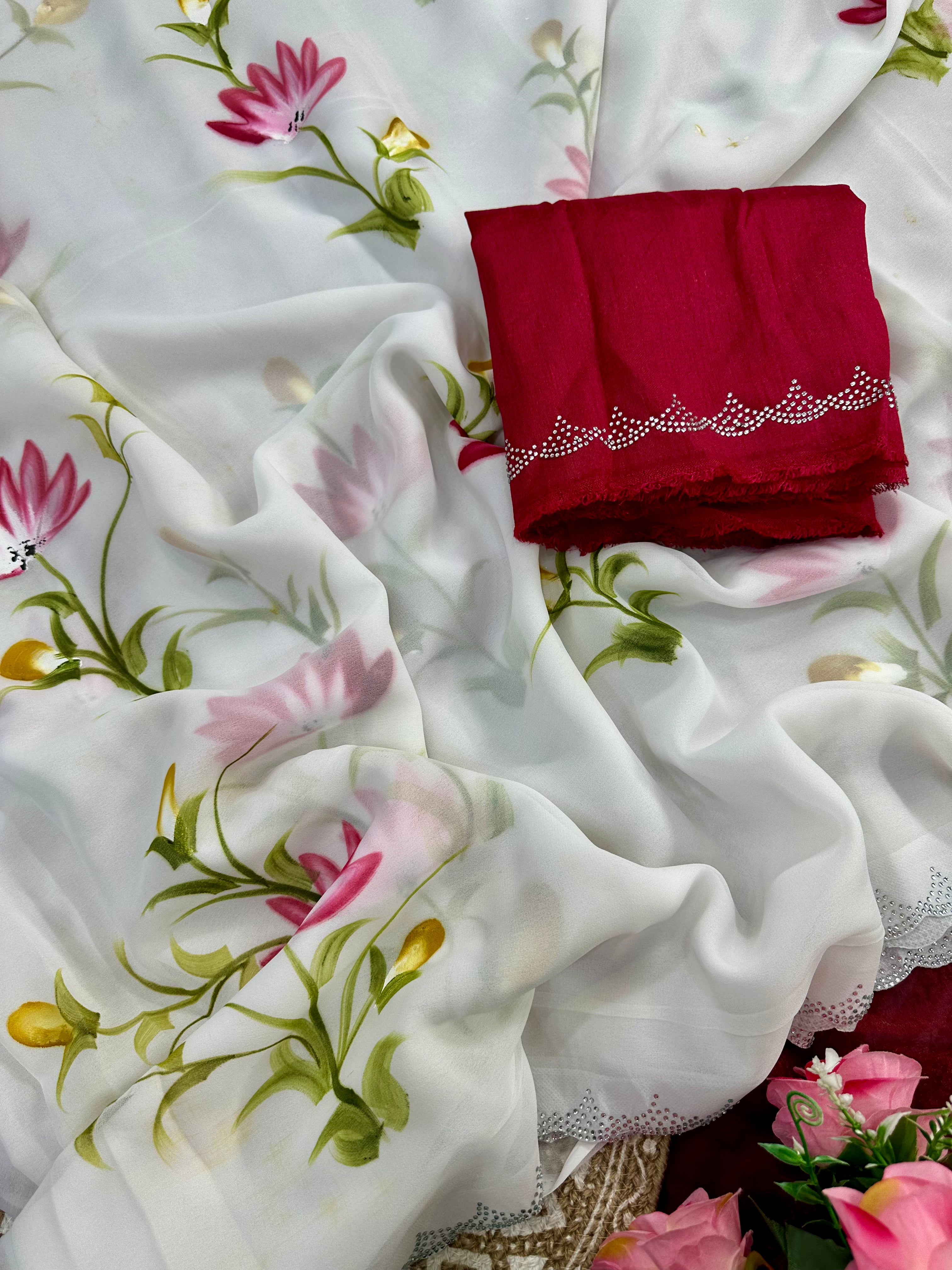 White Color Partywear Soft Georgette Handbrush Print With Siroski Cut Work Fancy Designer Saree